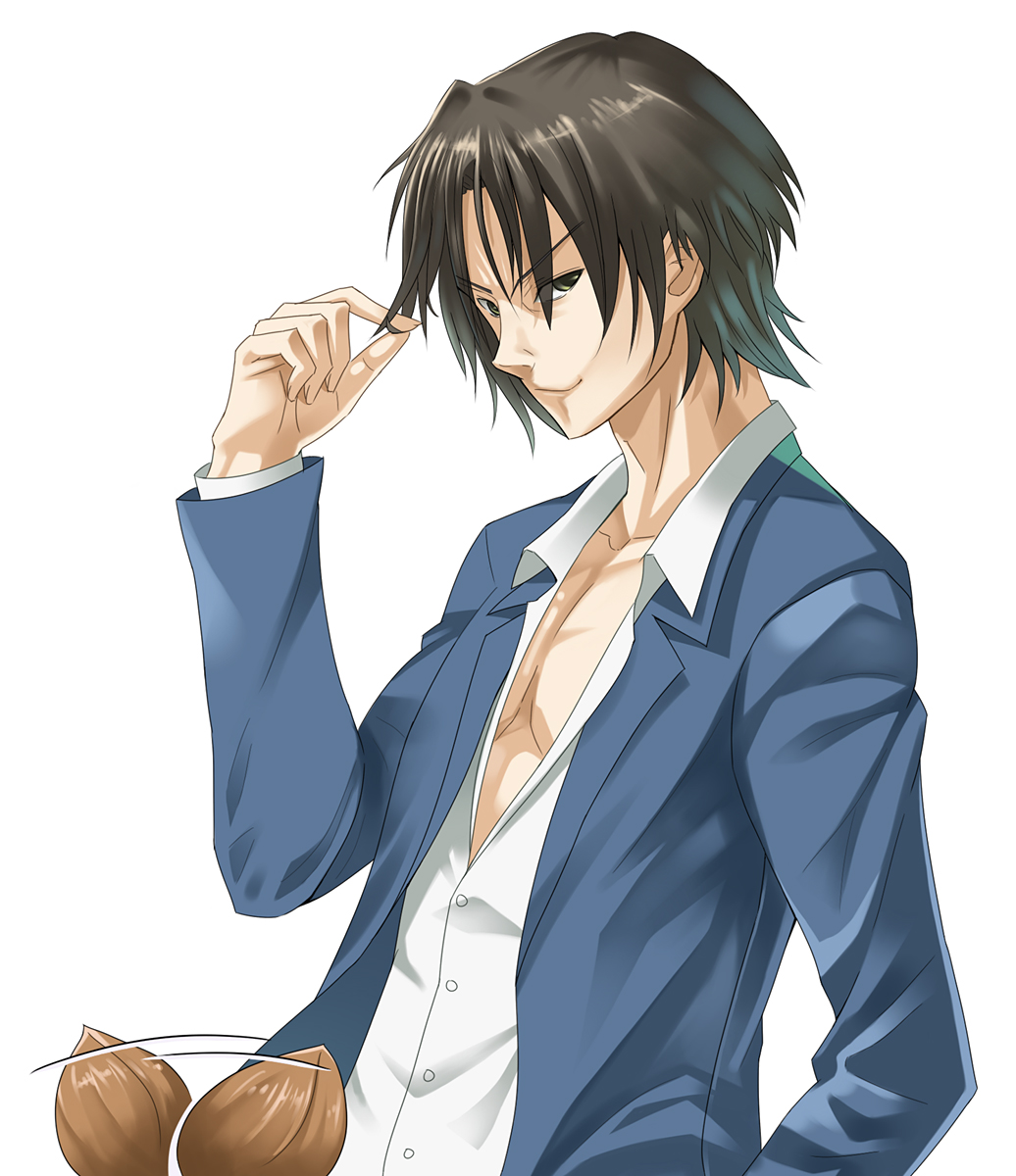 gogochi, hosaka (minami-ke), minami chiaki, minami-ke, highres, 00s, 1girl, ahoge, black hair, brown eyes, brown hair, coconut, female focus, open clothes, open shirt, school uniform, sexually suggestive, shirt, solo