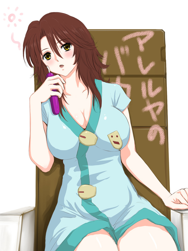 niwatori kokezou, sumeragi lee noriega, gundam, gundam 00, clip, 00s, aqua robe, blush, breasts, brown eyes, brown hair, chair, cleavage, large breasts, on chair, robe, solo
