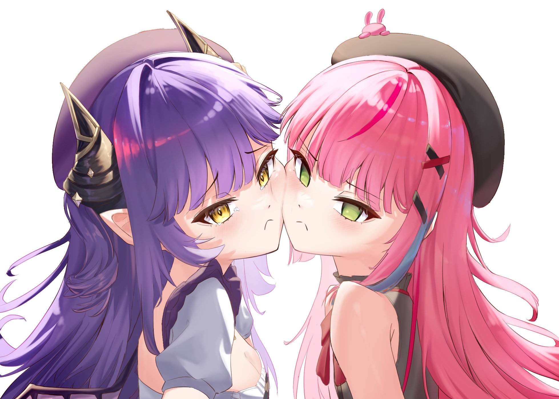 hanako nana, peto (hanako nana), sakihane huya, stellive, commentary, highres, symbol-only commentary, 2girls, armpit crease, beret, black hat, black horns, blue streaks, blush, breasts, cheek-to-cheek, cleavage, closed mouth, frown, grey shirt, hair intakes, hair ornament, hairclip, hat, heads together, horns, looking at viewer, multicolored hair, multiple girls, pink hair, pink streaks, purple hair, raised inner eyebrows, setia (444mr1), shirt, short sleeves, simple background, sleeveless, sleeveless shirt, split mouth, streaked hair, tearing up, v-shaped eyebrows, virtual youtuber, white background, white shirt, wispy bangs, x hair ornament, yellow eyes