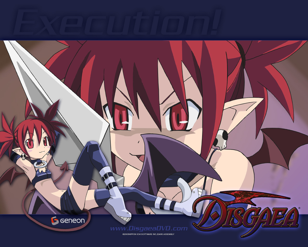 etna (disgaea), disgaea, tagme, bat wings, earrings, jewelry, polearm, red eyes, red hair, spear, tail, text focus, thighhighs, watermark, weapon, web address, wings