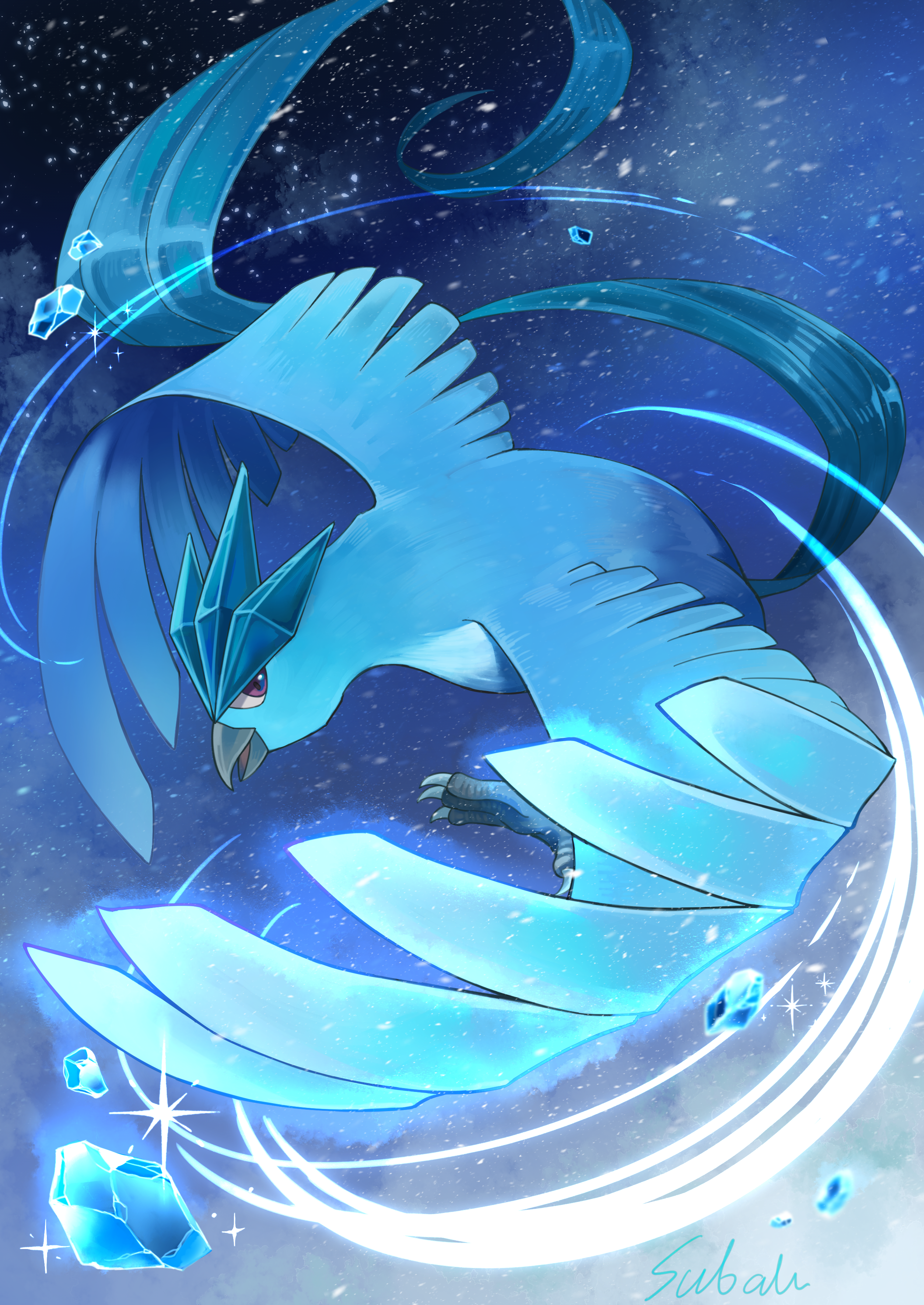 taketori subalu, articuno, nintendo, pokemon, absurdres, highres, artist name, bird, blue background, flying, full body, gen 1 pokemon, ice, legendary pokemon, no humans, outdoors, pokemon (creature)