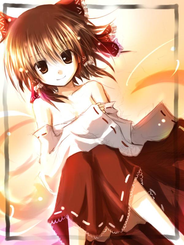 mashayuki, hakurei reimu, touhou, md5 mismatch, 1girl, bare shoulders, black hair, bow, brown eyes, brown hair, detached sleeves, female focus, hair bow, japanese clothes, miko, ribbon, sarashi, short hair, sitting, sketch, solo