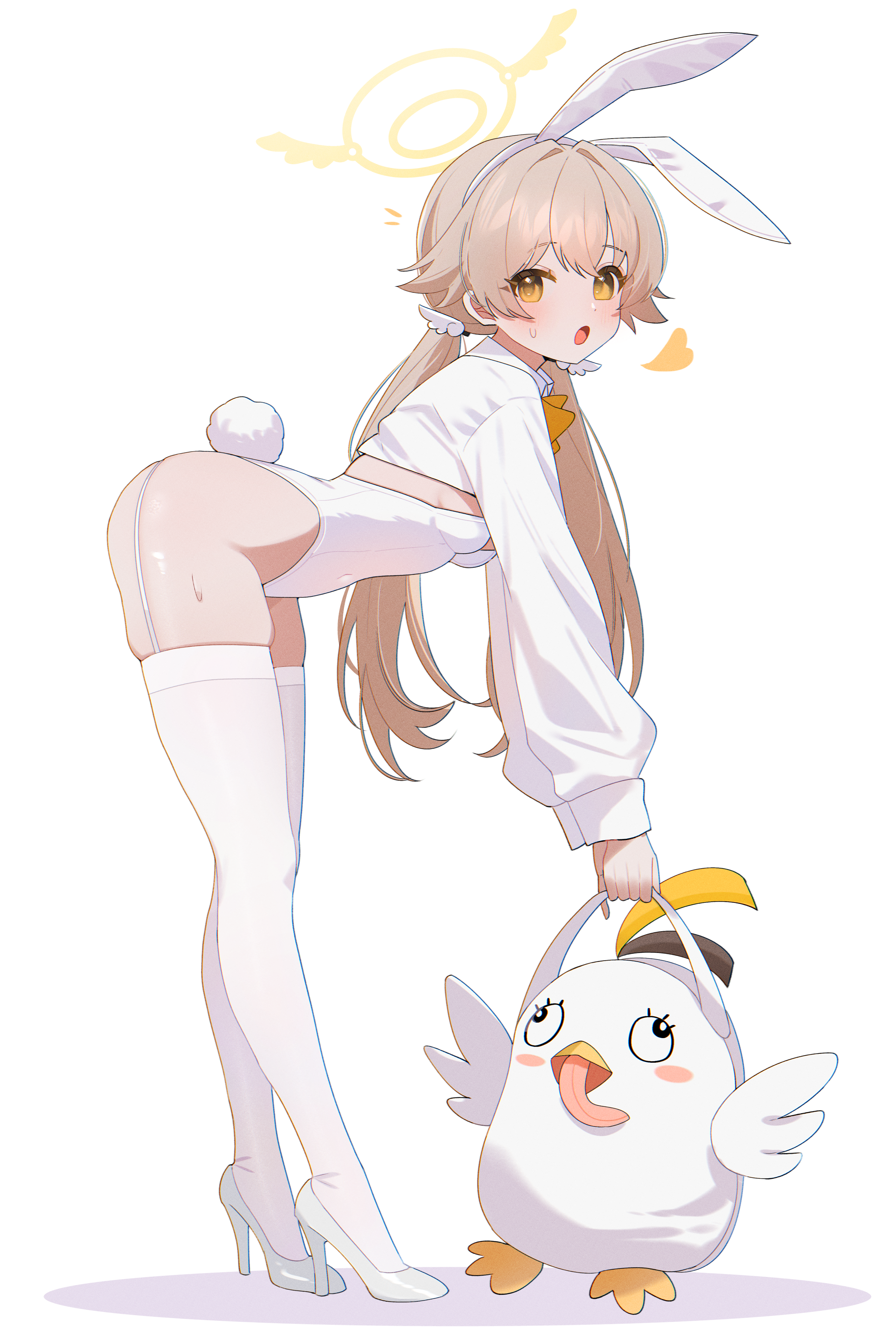 shusuchii, hifumi (blue archive), peroro (blue archive), blue archive, absurdres, commentary, highres, symbol-only commentary, 1girl, :o, alternate costume, animal ear hairband, animal ears, bag, bent over, bow, bowtie, breasts, brown eyes, brown hair, character bag, fake animal ears, fake tail, from side, full body, garter straps, hairband, halo, heart, high heels, highleg, highleg leotard, holding, holding bag, leotard, long hair, long sleeves, looking at viewer, open mouth, playboy bunny, puffy long sleeves, puffy sleeves, rabbit ear hairband, rabbit ears, rabbit tail, shoes, shrug (clothing), simple background, small breasts, solo, strapless, strapless leotard, tail, thighhighs, white background, white leotard, white shoes, white shrug, white thighhighs, yellow bow, yellow bowtie, yellow halo