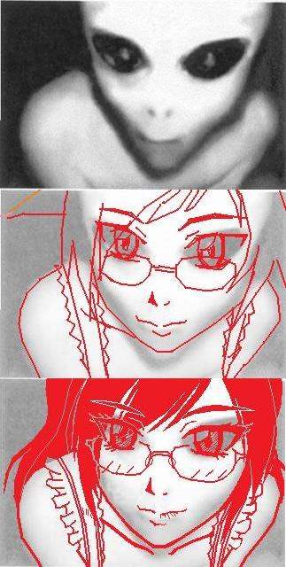 tagme, 1girl, alien, black background, female focus, grey background, solo, step by step, what