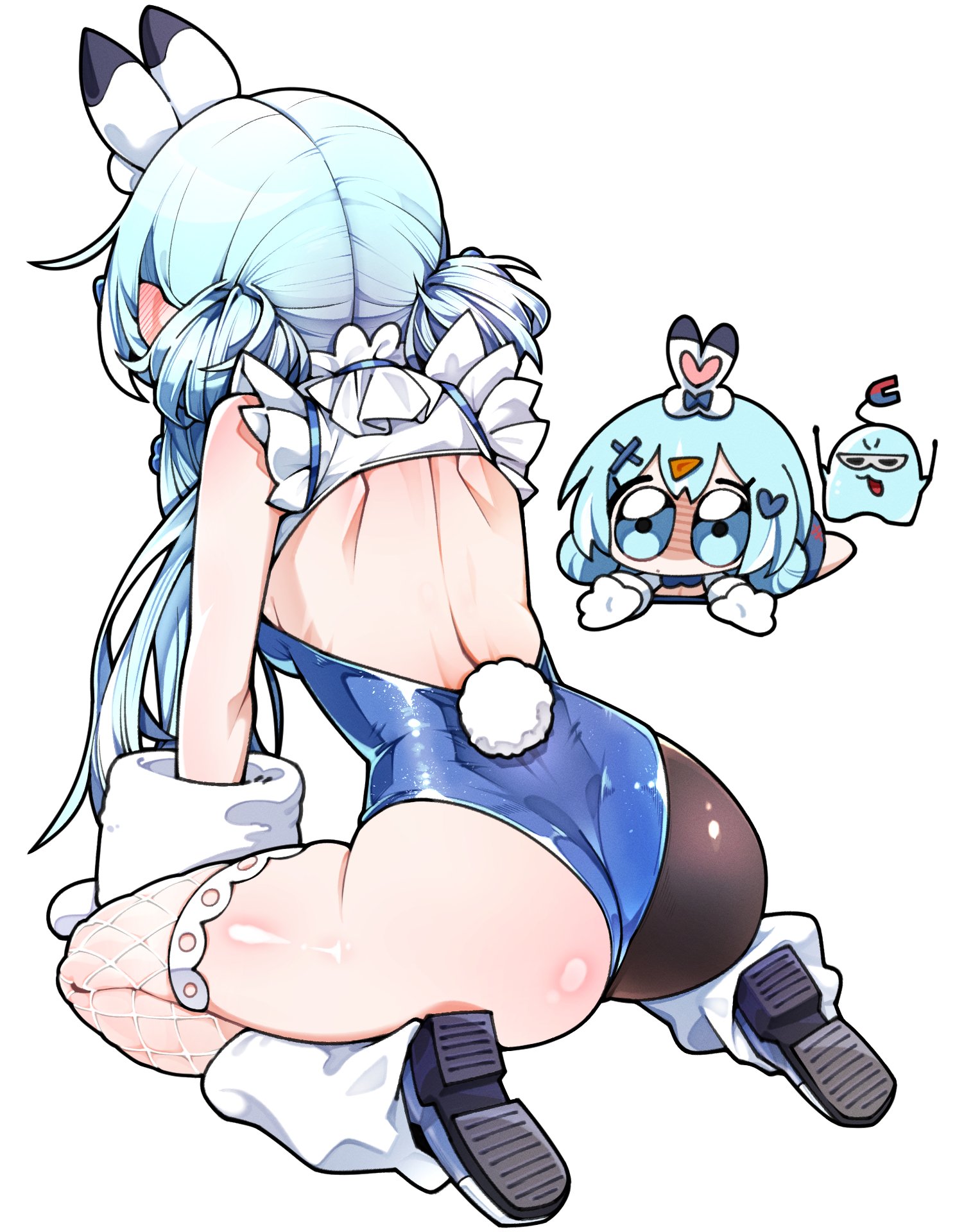 arahashi tabi, pungdangi (arahashi tabi), stellive, highres, 1girl, all fours, animal ears, animal hands, ass, asymmetrical legwear, backless leotard, black pantyhose, blue eyes, blue hair, blue leotard, breasts, chibi, chibi inset, facing away, fake animal ears, fishnet thighhighs, fishnets, frills, from behind, full body, gloves, hair ornament, heart, heart hair ornament, kneeling, leg warmers, leotard, long hair, magnet, median furrow, medium breasts, nontraditional playboy bunny, pantyhose, paw gloves, rabbit ears, rabbit tail, sammi (33ammi), single thighhigh, sunglasses, tail, thighhighs, twintails, white thighhighs, x hair ornament