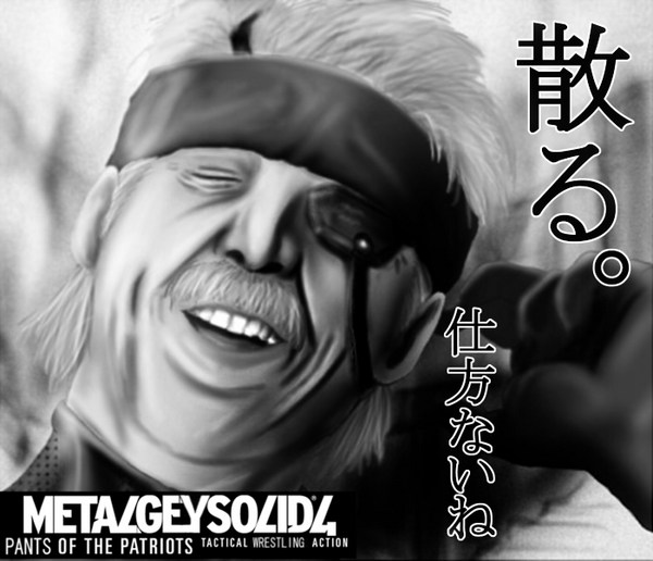 aniki, billy herrington, old snake, solid snake, gachimuchi pants wrestling, metal gear (series), metal gear solid, metal gear solid 4: guns of the patriots, real life, wrestling (series), 1boy, blood, closed eyes, copyright name, headband, male focus, parody, solo, upper body, what, wrestling