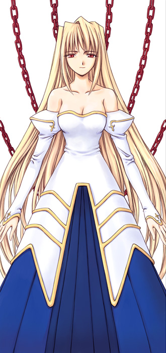 orebalgum, archetype earth, arcueid brunestud, tsukihime, type-moon, commentary, english commentary, korean commentary, 1girl, bare shoulders, blonde hair, breasts, chain, cleavage, closed mouth, collarbone, detached sleeves, dress, eyelashes, facing viewer, juliet sleeves, large breasts, long hair, long sleeves, looking at viewer, narrowed eyes, open hands, princess, princess dress, princess outfit, puffy sleeves, red eyes, sidelocks, simple background, single hair intake, smile, solo, standing, straight-on, straight hair, strapless, strapless dress, very long hair, white background, white sleeves, yellow trim