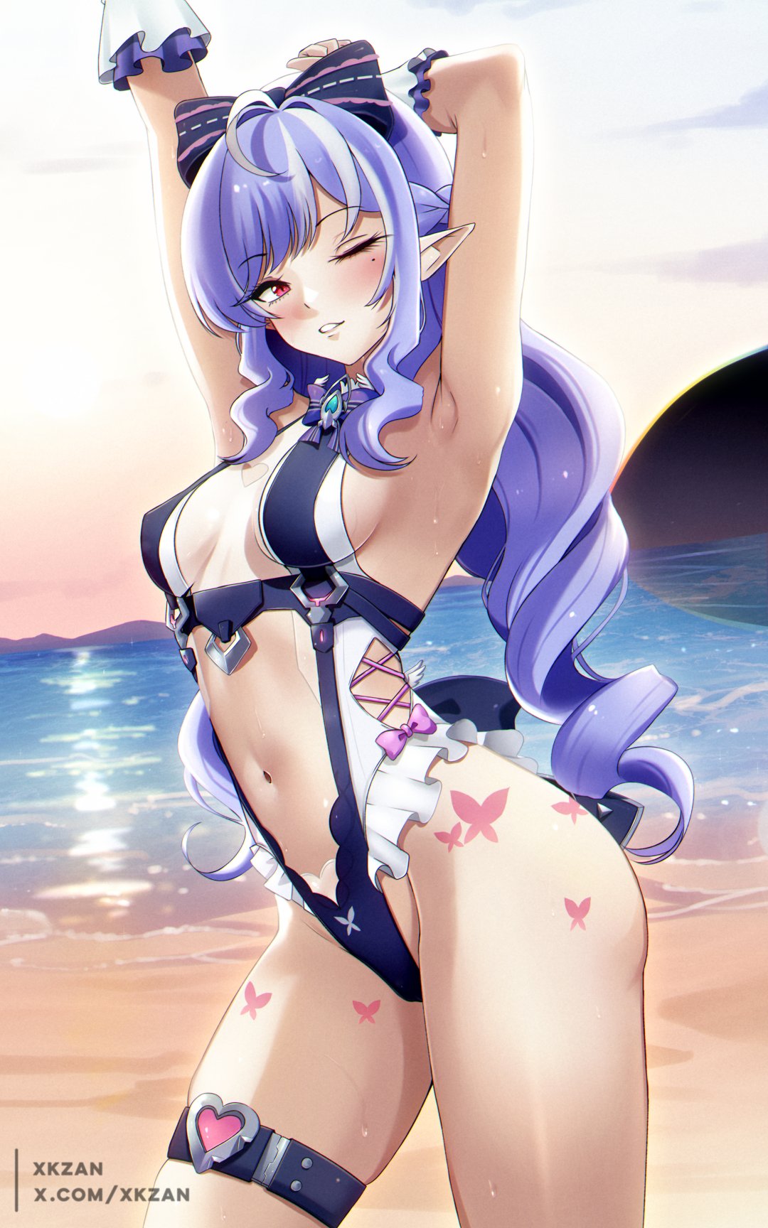 xkzan, vivian banshee, vivian banshee (iris of the shore), zenless zone zero, commentary, english commentary, highres, 1girl, arm behind head, arm up, artist name, beach, blue gemstone, blush, bow, bowtie, breasts, breasts apart, clothing cutout, gem, hair bow, long hair, looking at viewer, medium breasts, mole, mole under eye, navel, official alternate costume, one eye closed, outdoors, parted lips, pointy ears, purple bow, purple bowtie, purple hair, red eyes, solo, stomach, stomach cutout, swimsuit, thigh strap, twitter username, very long hair, water