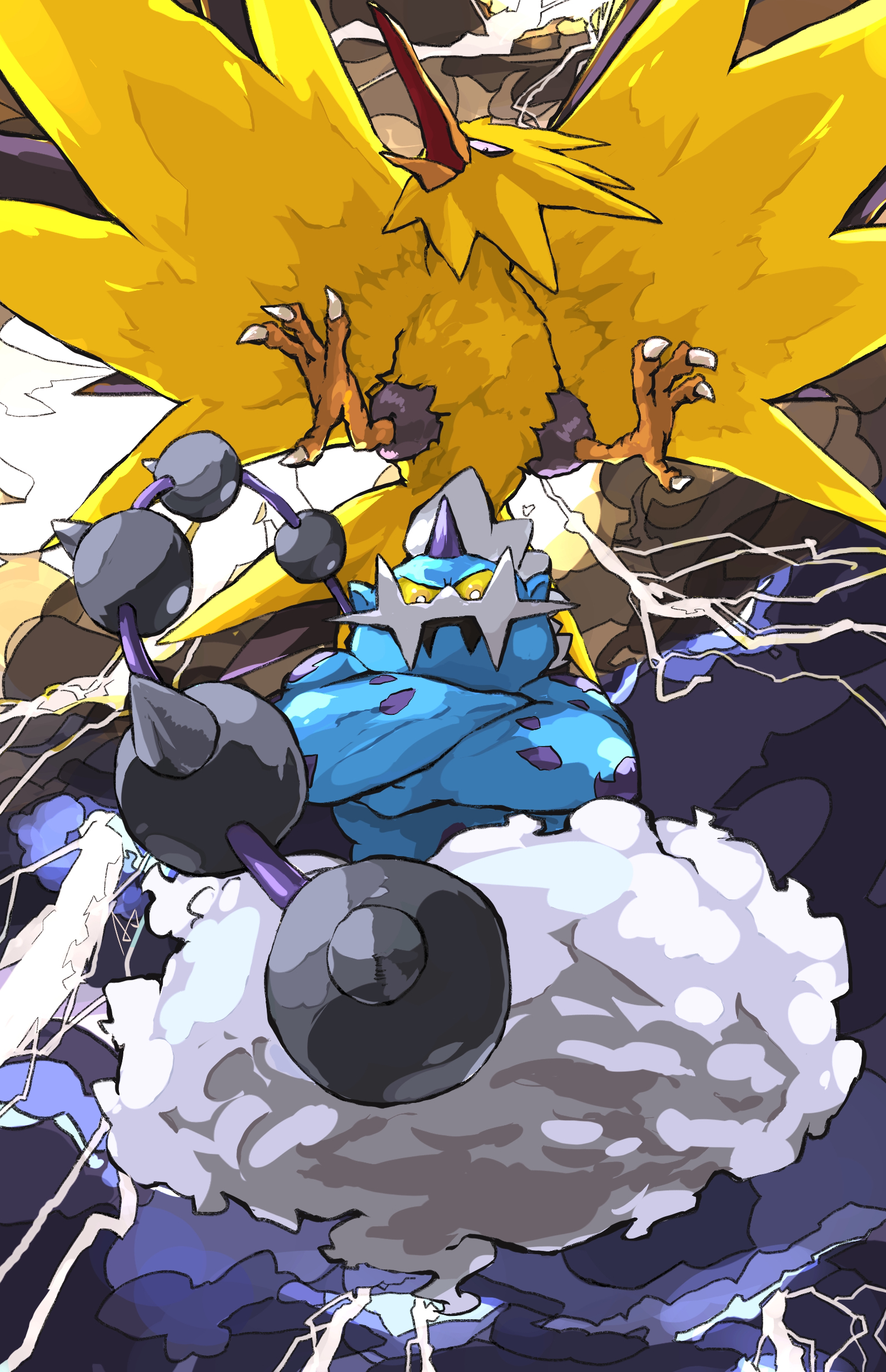 aomon (yuuji7604), thundurus, thundurus (incarnate), zapdos, nintendo, pokemon, absurdres, commentary request, highres, animal focus, beak, bird, bright pupils, cloud, colored sclera, crossed arms, gen 1 pokemon, gen 5 pokemon, horns, legendary pokemon, lightning, no humans, pokemon (creature), single horn, talons, white pupils, wings, yellow eyes, yellow fur, yellow sclera