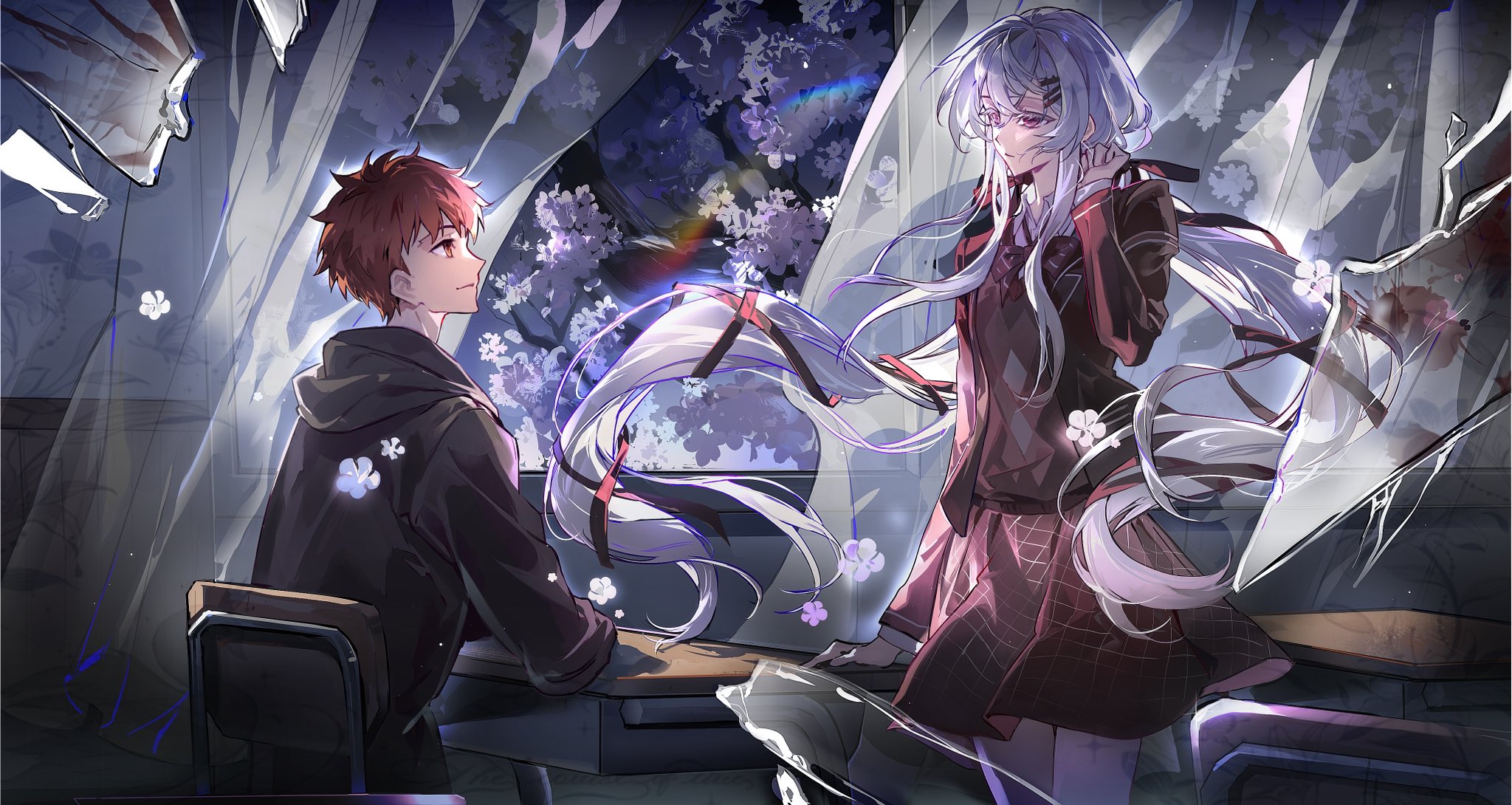 gaoyue jixiang, momomiya shizuku, emiya shirou, momomiya shizuku (gaoyue jixiang), fate/stay night, fate (series), original, highres, 1girl, artist self-insert, black jacket, blush, breasts, chair, cherry blossom flower, cherry blossoms, classroom, commissioner insert, couple, desk, falling petals, hetero, jacket, long hair, long sleeves, looking at another, oc x canon, on chair, on desk, orange hair, pastels, petals, print ribbon, red eyes, red hair, ribbon, school, school chair, school desk, school uniform, sitting, skirt, smile, tree, twintails, very long hair, white hair, window