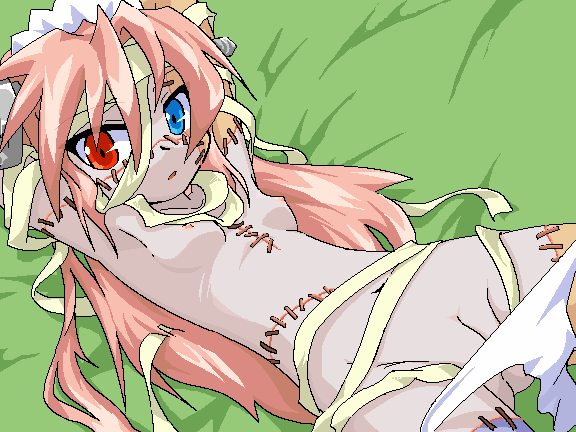 mof, kaitai, kaitai-san, futaba channel, nijiura maids, 1girl, armpits, bandages, cleft of venus, female focus, flat chest, green background, heterochromia, loli, long hair, looking at viewer, lying, nipples, oekaki, on back, pink hair, pussy, red eyes, scar, solo, stitches, uncensored, very long hair, zombie