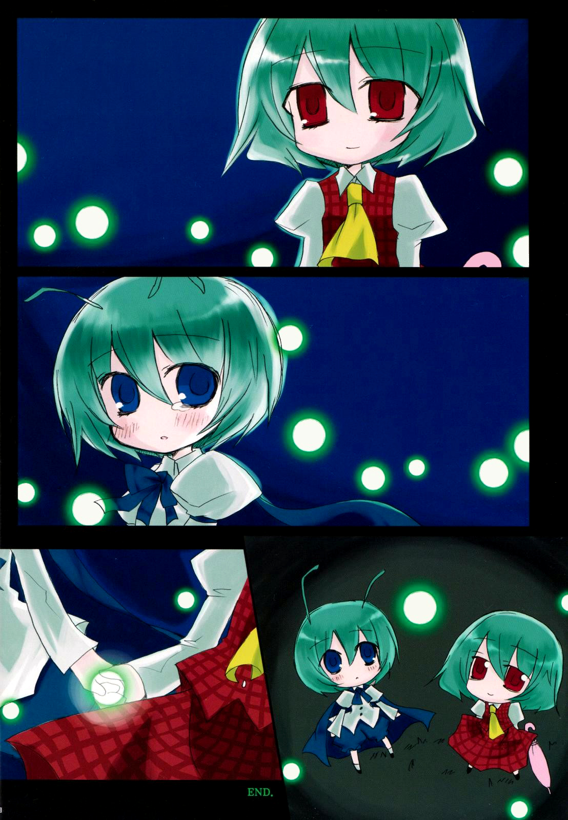 nejikirio, kazami yuuka, wriggle nightbug, touhou, highres, non-web source, 2girls, antennae, ascot, blue eyes, bug, cape, chibi, closed umbrella, comic, female focus, fireflies, firefly, flower, green hair, insect, multiple girls, plaid clothes, plaid skirt, plaid vest, red eyes, short hair, silent comic, skirt, skirt set, umbrella, vest