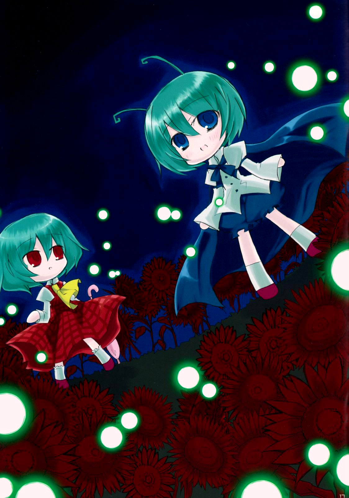 nejikirio, kazami yuuka, wriggle nightbug, touhou, highres, non-web source, 2girls, antennae, ascot, blue eyes, bug, cape, chibi, closed umbrella, comic, dress, female focus, fireflies, firefly, flower, green hair, insect, multiple girls, night, plaid clothes, plaid skirt, plaid vest, red eyes, short hair, silent comic, skirt, skirt set, umbrella, vest