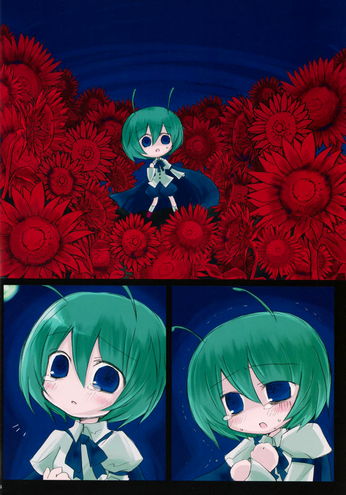 nejikirio, wriggle nightbug, touhou, highres, non-web source, 1girl, antennae, blue eyes, cape, comic, female focus, flower, green hair, open mouth, short hair, silent comic, solo, tears