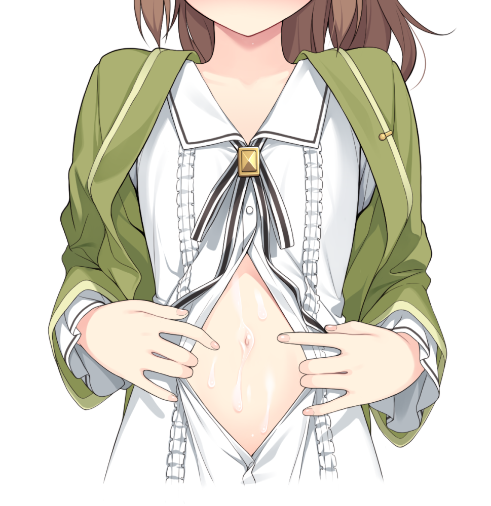 hakuleg, towa herschel, eiyuu densetsu, kuro no kiseki, kuro no kiseki (series), kuro no kiseki ii, commentary, 1girl, brown hair, collared shirt, cum, cum on body, cum on stomach, frilled shirt, frills, green jacket, head out of frame, jacket, navel, open clothes, open jacket, open shirt, partially unbuttoned, shirt, simple background, solo, upper body, white background, white shirt