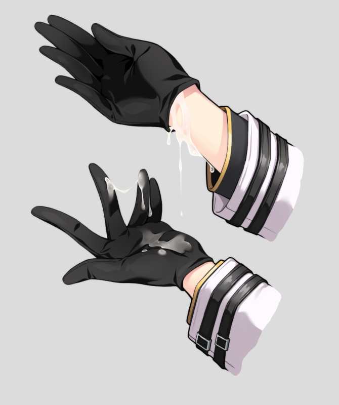 hakuleg, towa herschel, eiyuu densetsu, sen no kiseki, sen no kiseki (series), sen no kiseki iii, commentary, 1girl, black gloves, cropped arms, cum, cum on gloves, gloves, grey background, hand focus, simple background