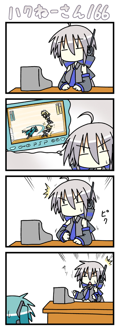 minami (colorful palette), chibi miku, hatsune miku, kagamine len, kagamine rin, yowane haku, vocaloid, long image, tall image, 2girls, 4koma, :<, = =, ^^^, ahoge, brother and sister, chibi, comic, dreaming, game console, handheld game console, multiple girls, playstation portable, siblings, sleeping, sweatdrop, triangle mouth, twins, video game