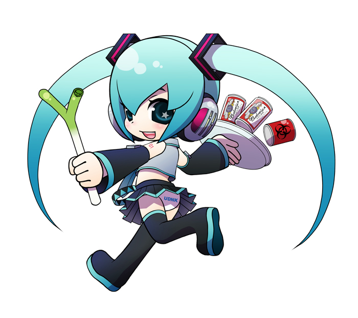 chitose kiiro, hatsune miku, budweiser, vocaloid, bad id, bad pixiv id, alcohol, beer, blue hair, can, chibi, long hair, panties, pantyshot, solo, spring onion, thighhighs, underwear, upskirt, very long hair