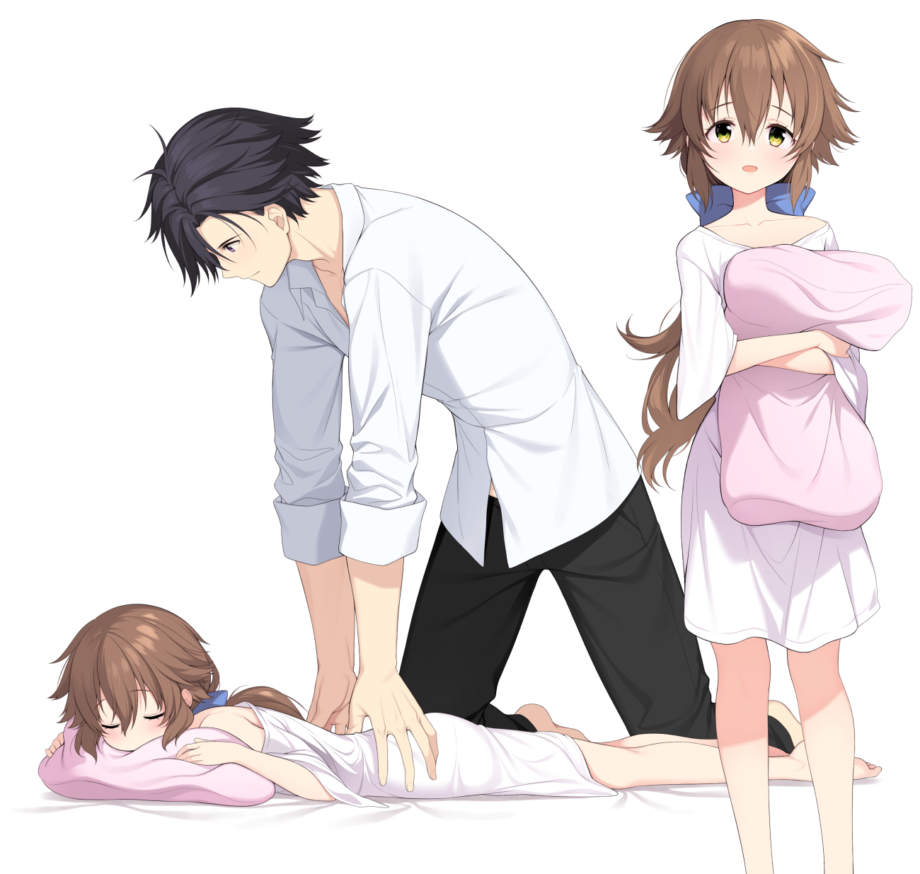 hakuleg, rean schwarzer, towa herschel, eiyuu densetsu, sen no kiseki (series), pink pillow, commentary, highres, 1boy, 1girl, :d, barefoot, black hair, black pants, blue bow, bow, brown hair, collared shirt, feet out of frame, full body, green eyes, hair bow, hetero, holding, holding pillow, light smile, long hair, low ponytail, lying, massage, multiple views, off shoulder, on stomach, open mouth, oversized clothes, oversized shirt, pants, pillow, ponytail, shirt, smile, t-shirt