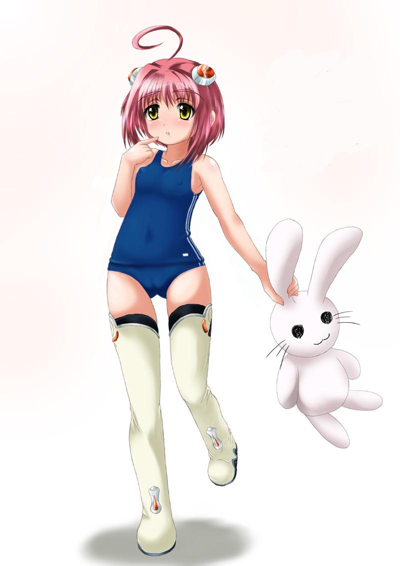 bunnie, momo mizrahi, xenosaga, jpeg artifacts, 00s, 1girl, ahoge, boots, cameltoe, covered erect nipples, double vertical stripe, female focus, loli, one-piece swimsuit, rabbit, red hair, school swimsuit, short hair, solo, stuffed animal, stuffed rabbit, stuffed toy, swimsuit, thigh boots, thighhighs, yellow eyes