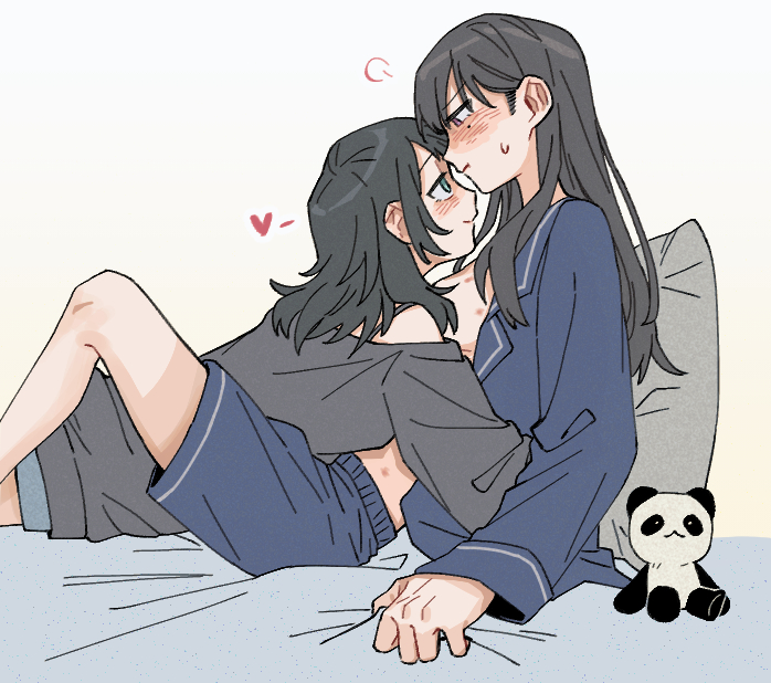 criangle k., shiina taki, yahata umiri, bang dream!, bang dream! it's mygo!!!!!, commentary request, 2girls, black hair, blue eyes, blue shirt, blush, breasts, chibi, closed mouth, eye contact, grey shirt, heart, hickey, hug, long hair, long sleeves, looking at another, medium breasts, medium hair, multiple girls, no bra, off-shoulder shirt, off shoulder, open clothes, open shirt, pout, purple eyes, shirt, stuffed animal, stuffed panda, stuffed toy, yuri