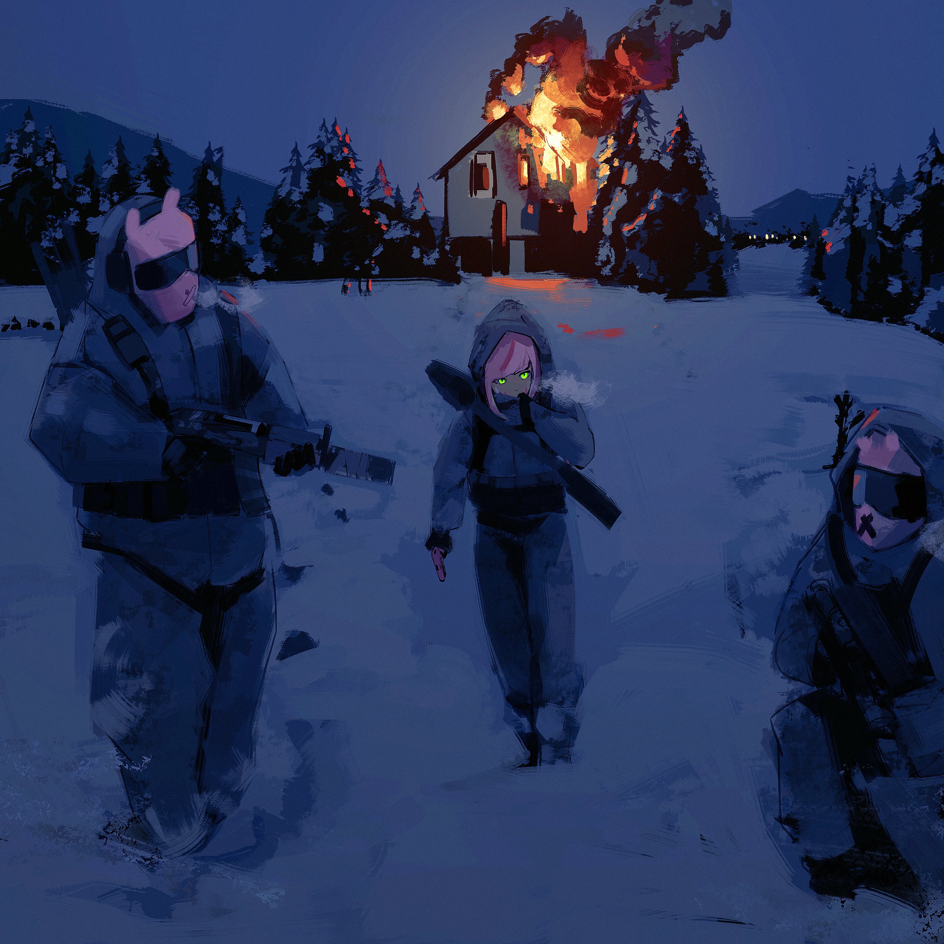 chyun (user jwae3438), hanako nana, stellive, absurdres, commentary, english commentary, highres, 1girl, 2others, alternate costume, arm at side, coat, covered face, facing another, fir tree, fire, glowing, glowing eyes, green eyes, grey coat, grey pants, hand up, hood, hood up, hooded coat, house, implied arson, looking at viewer, mask, multiple others, night, outdoors, pants, pink hair, serious, snow, tree, virtual youtuber, walking, winter, winter clothes