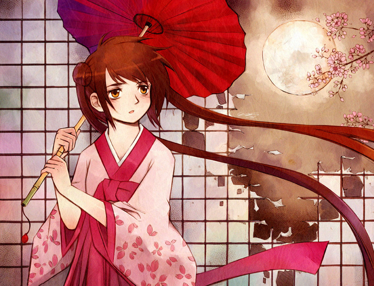 messiah cage, 1girl, bamboo, blush, brown hair, cherry blossoms, double bun, female focus, flat chest, flower, hair bun, hanbok, korean clothes, long hair, moon, night, oil-paper umbrella, paper, parasol, ribbon, sky, solo, standing, tree, umbrella, yellow eyes