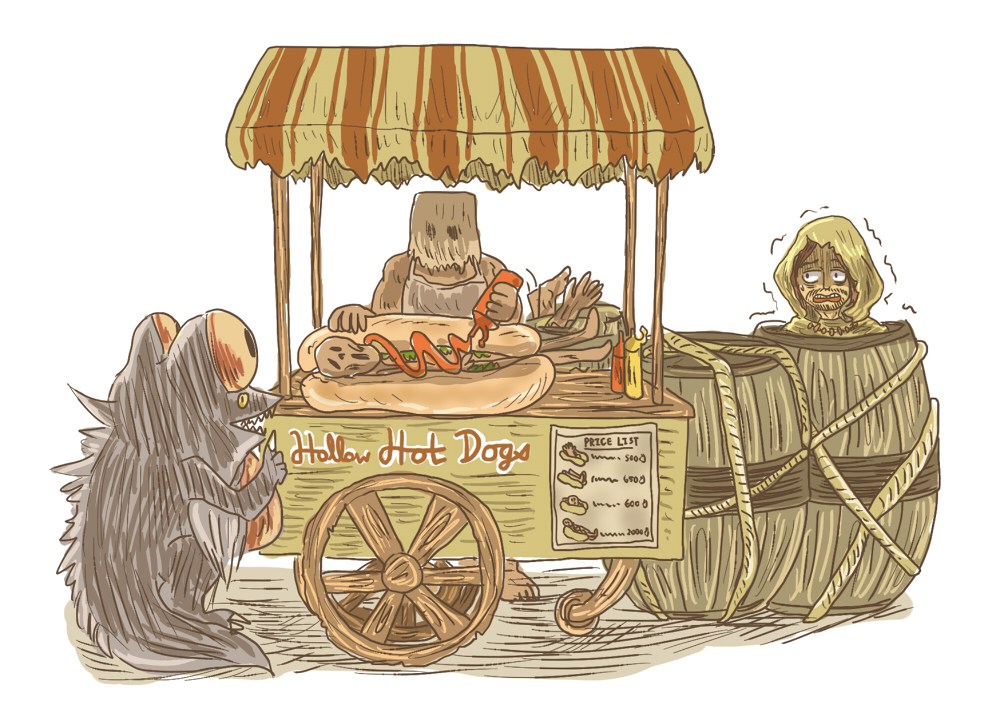 basilisk (dark souls), laurentius of the great swamp, dark souls (series), dark souls i, commentary request, 1boy, 1girl, bag over head, barrel, brown hair, butcher (dark souls), empthylee, hot dog, monster, open mouth, simple background, trembling, upper body, vending cart, white background