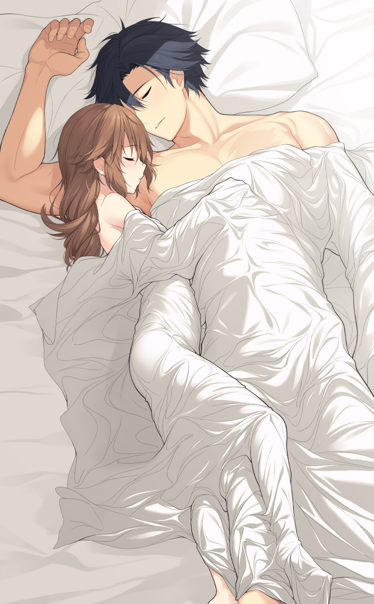 hakuleg, rean schwarzer, towa herschel, eiyuu densetsu, sen no kiseki (series), commentary, highres, 1boy, 1girl, bed sheet, blue hair, brown hair, closed eyes, hetero, long hair, lying, naked sheet, on back, on side, parted lips, pillow, profile, sleeping, under covers