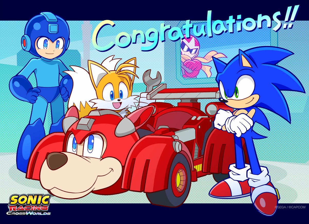 hayane tomoko, mega man (character), proto man, rush (mega man), sonic the hedgehog, tails (sonic), mega man (classic), mega man (series), sonic (series), sonic racing: crossworlds, official art, 4boys, blue bodysuit, blue fur, blue hair, blue helmet, bodysuit, full body, green eyes, group picture, helmet, male focus, multiple boys