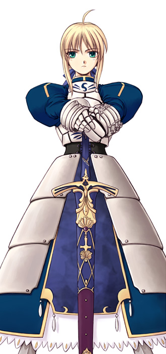 orebalgum, artoria pendragon (fate), saber (fate), fate/stay night, fate (series), type-moon, commentary, commentary request, english commentary, korean commentary, 1girl, ahoge, armor, armored boots, armored gloves, black corset, blonde hair, blue dress, blue ribbon, blue sleeves, boots, collared dress, corset, cross-laced clothes, cross-laced corset, cuirass, dress, excalibur (fate/stay night), facing viewer, feet out of frame, fraud, frown, gauntlets, greaves, green eyes, hair ribbon, high collar, holding, holding sword, holding weapon, impasto, juliet sleeves, long dress, long sidelocks, long sleeves, looking to the side, official style, planted, planted sword, planted weapon, puffy sleeves, ribbon, sheath, sheathed, sidelocks, silver armor, simple background, solo, straight hair, sword, takeuchi takashi (style), turtleneck, turtleneck dress, weapon, white background