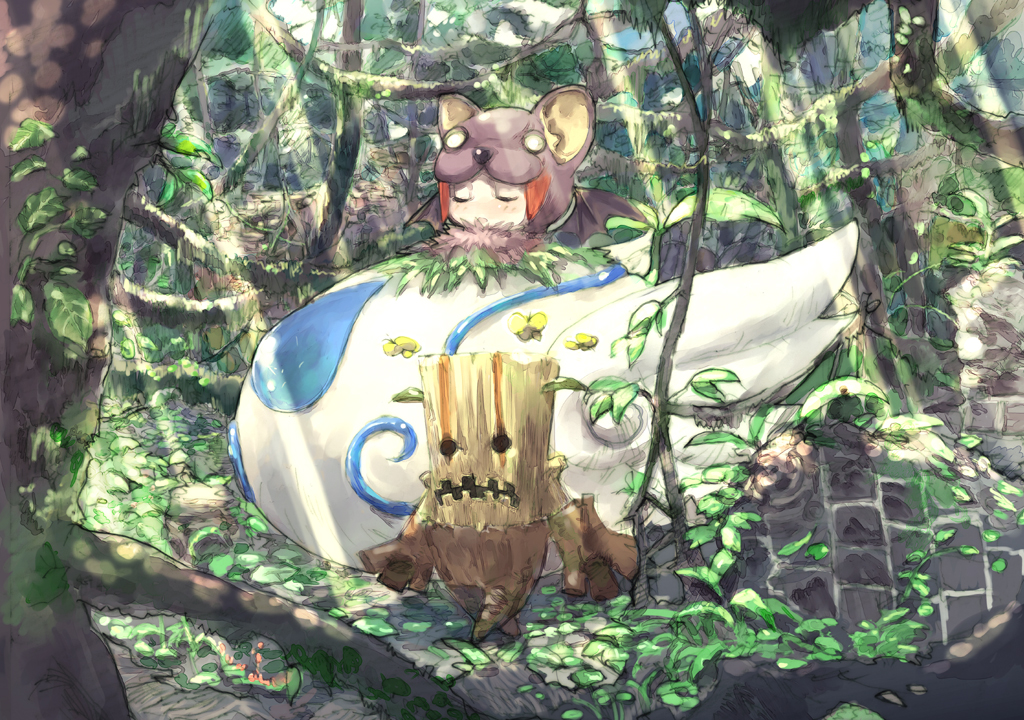 toi8, gardener (phantom kingdom), hell kitty, saber kitty (disgaea), nippon ichi, phantom kingdom, 1girl, monster, nature, scenery, sleeping