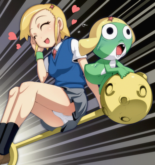 caryo, nanashino, angol mois, keroro, keroro gunsou, 1girl, blonde hair, closed eyes, dark-skinned female, dark skin, female focus, gyaru, heart, kogal, panties, school uniform, short hair, sitting, solo, underwear, white panties