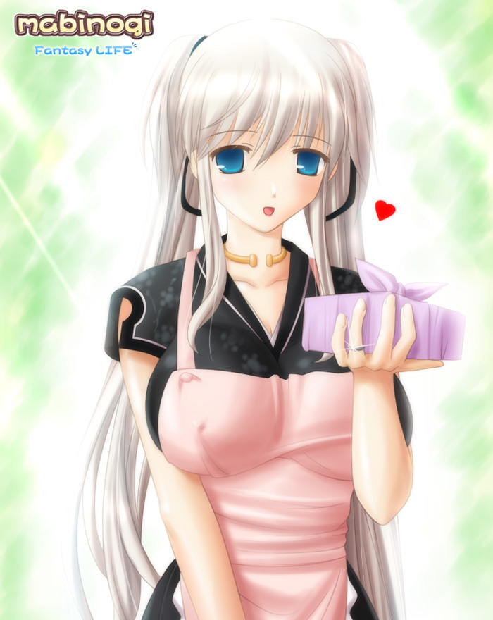 kafu (logaemon), nao (mabinogi), mabinogi, silver hair, 1girl, apron, bento, blue eyes, breasts, covered erect nipples, female focus, gift, heart, jewelry, large breasts, long hair, ribbon, ring, solo, twintails