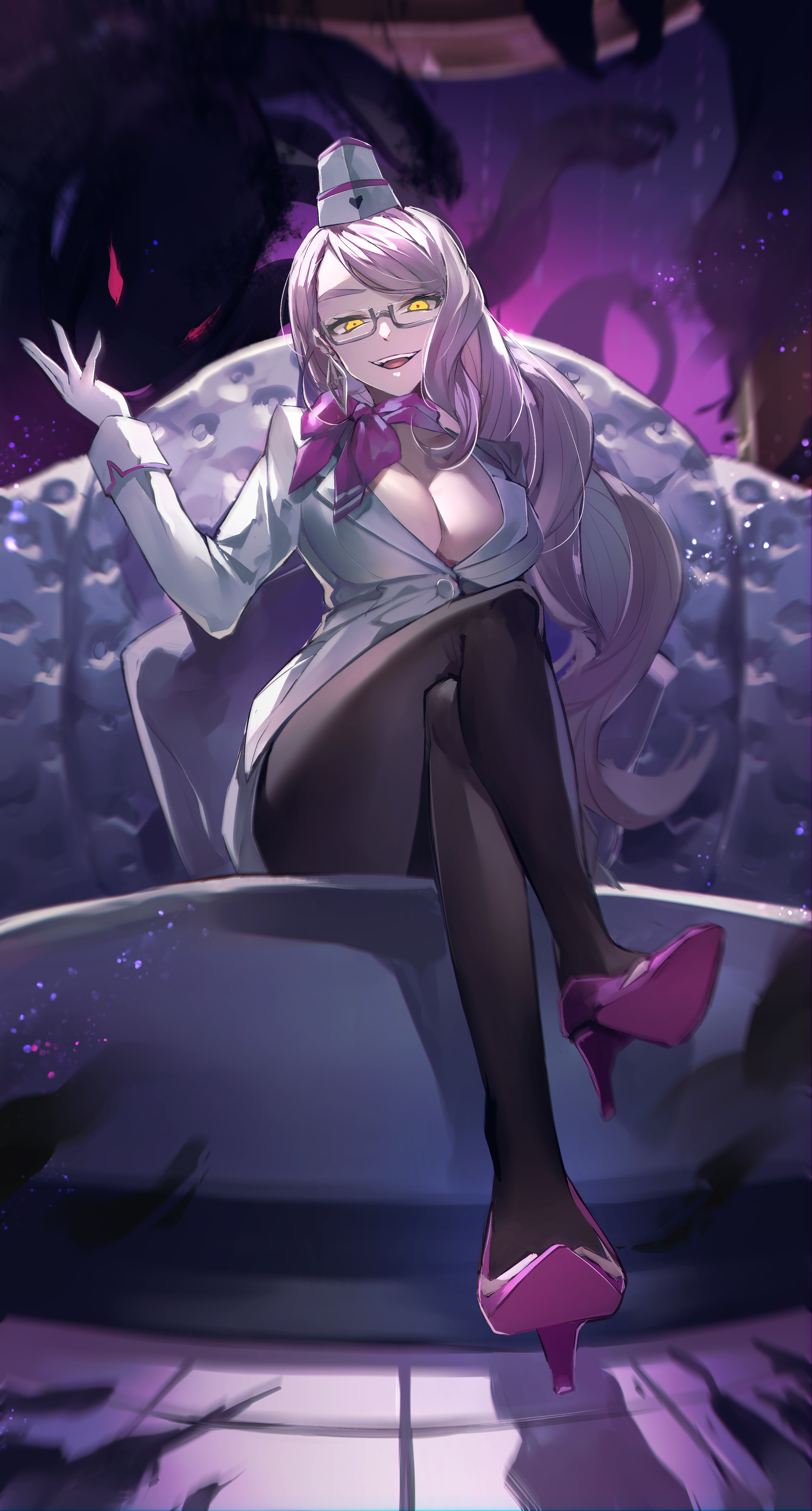 kansya, koyanskaya (fate), koyanskaya (foreigner) (first ascension) (fate), fate/grand order, fate (series), absurdres, commentary request, highres, 1girl, breasts, cleavage, couch, crossed legs, darkness, full body, glasses, hat, high heels, large breasts, long hair, pantyhose, pink hair, sitting, yellow eyes