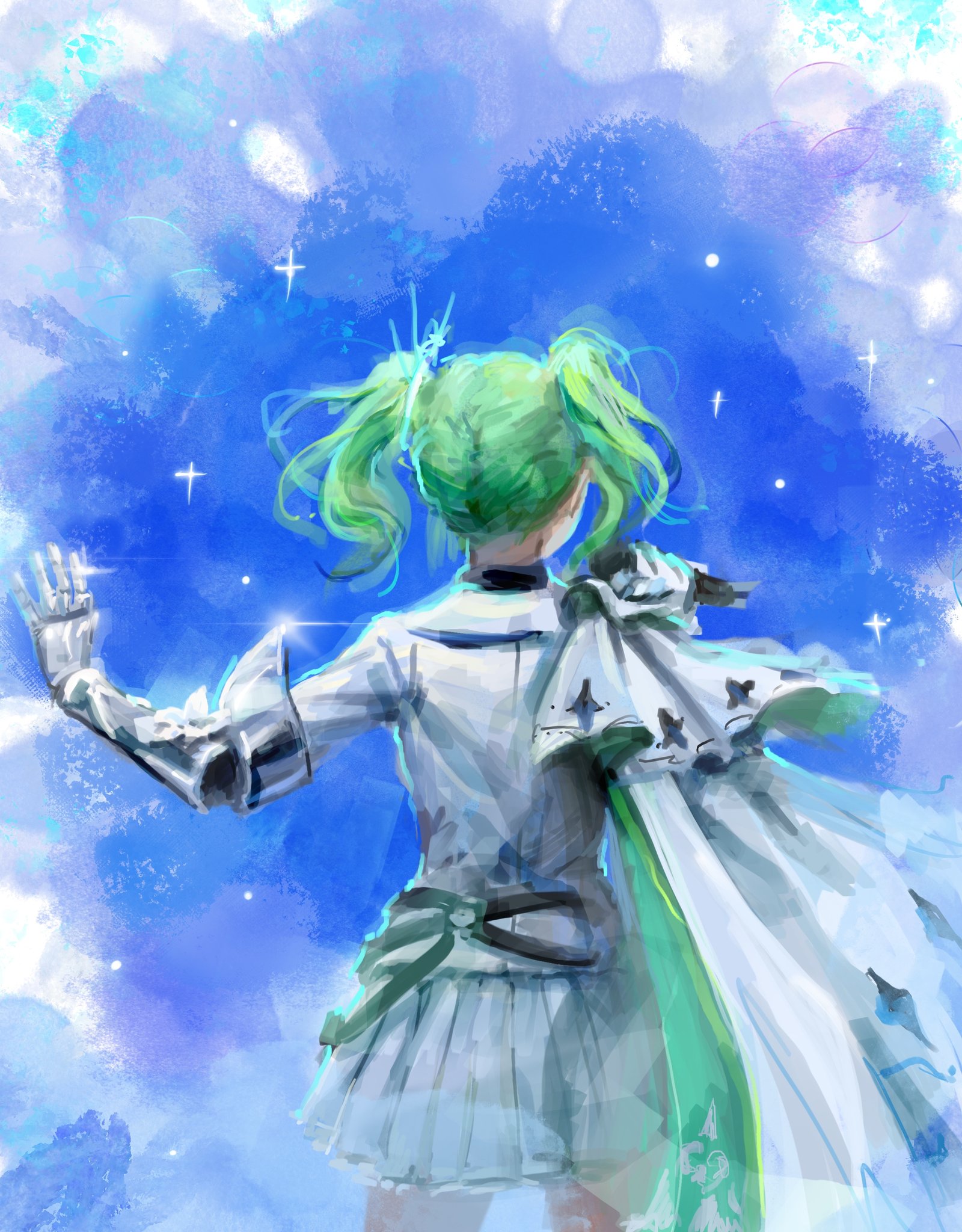 yuzuha riko, stellive, commentary request, highres, korean commentary, 1girl, arms up, cowboy shot, from behind, gauntlets, glint, green hair, grey shirt, grey skirt, limiei18, medium hair, miniskirt, night, night sky, outstretched hand, pleated skirt, shirt, skirt, sky, solo, standing, star (sky), starry sky, twintails, virtual youtuber