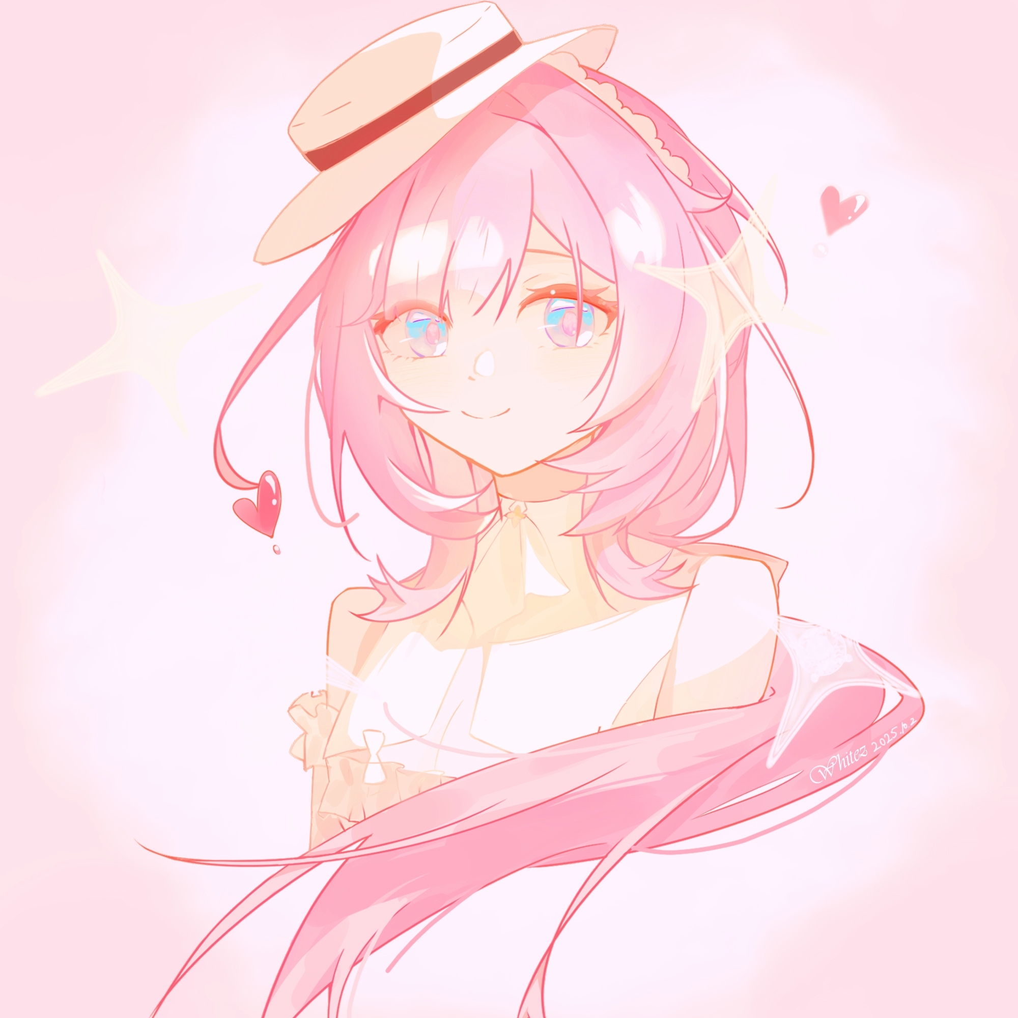 bim1188170, elysia (honkai impact), elysia (sweet memories) (honkai impact), honkai (series), honkai impact 3rd, commentary request, highres, 1girl, blue eyes, breasts, cleavage, cropped torso, dress, heart, long hair, looking at viewer, medium breasts, official alternate costume, pink hair, pink theme, smile, solo, tilted headwear, very long hair, white dress