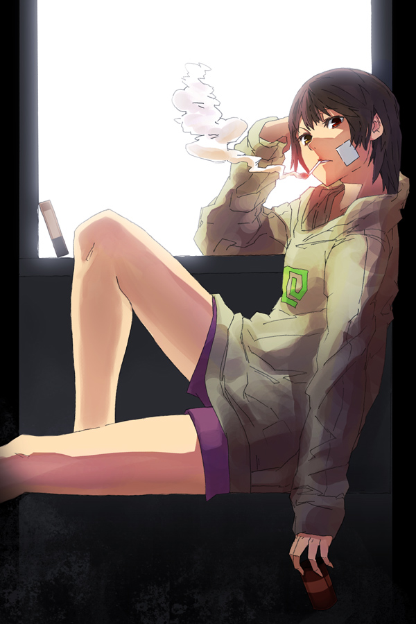 kahadu (kawazu), original, bad id, bad pixiv id, 1girl, arm at side, backlighting, bandaid, bare legs, brown eyes, brown hair, can, cigarette, elbow on window, from side, grey hoodie, head rest, head tilt, heterochromia, holding, hood, hoodie, knee up, long sleeves, looking at viewer, print hoodie, purple shorts, red eyes, short hair, short shorts, shorts, sidelocks, sitting, sleeves past wrists, smoke, smoking, teeth, tomboy, window, yellow eyes