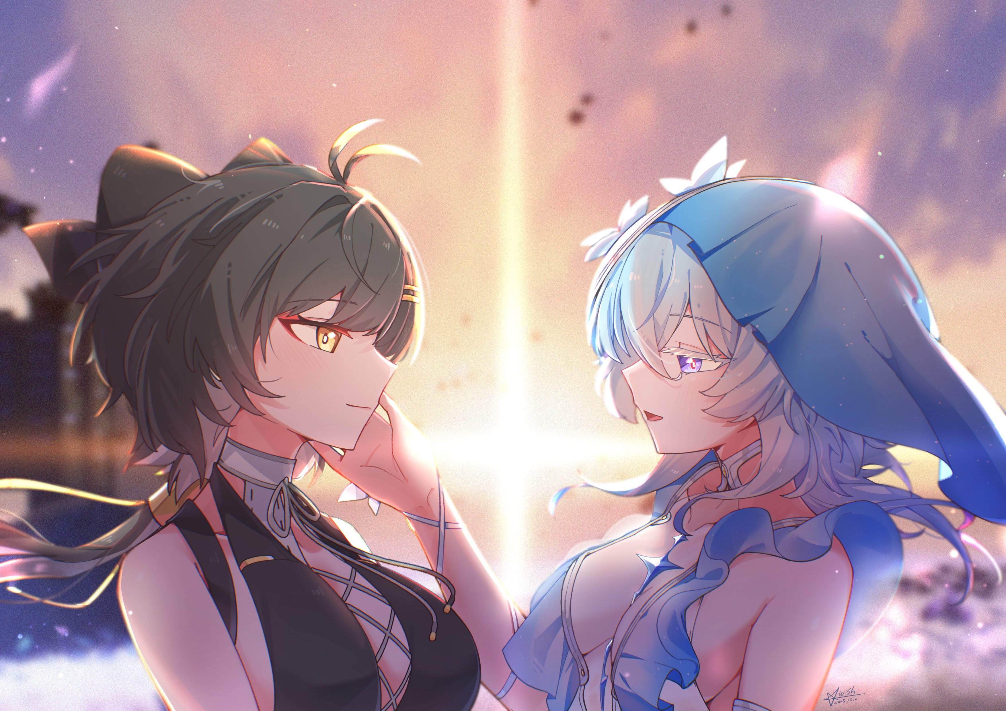 starblame, female rover (wuthering waves), rover (wuthering waves), shorekeeper (wuthering waves), wuthering waves, absurdres, commentary request, highres, 2girls, bare shoulders, black bow, black hair, blue hair, blue veil, bow, breasts, closed mouth, cross-laced clothes, cross-laced dress, dress, eye contact, hair bow, hand on own face, large breasts, long hair, looking at another, low ponytail, multiple girls, ponytail, purple eyes, sleeveless, sleeveless dress, smile, upper body, veil, yellow eyes