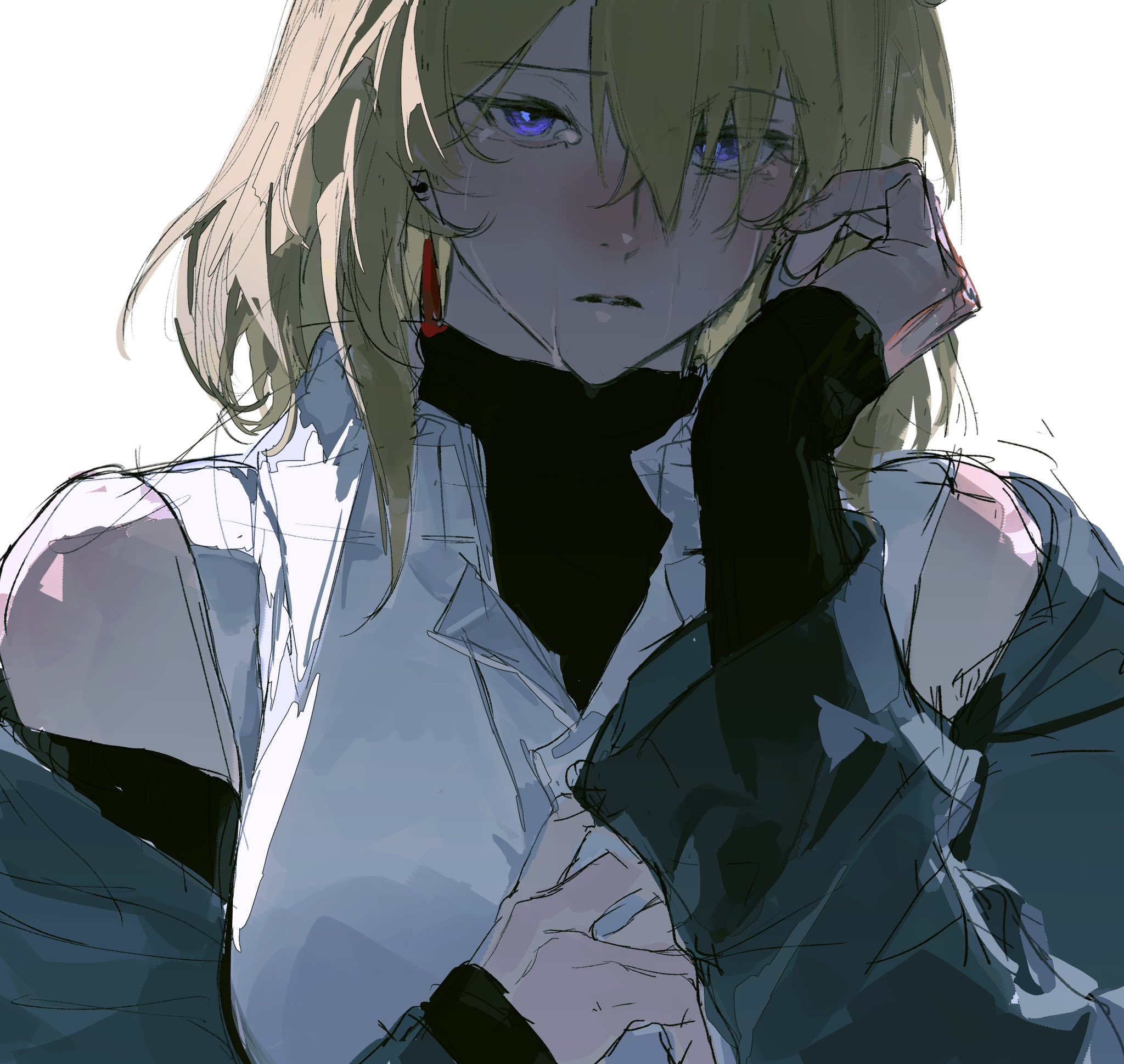 yizhichunji, misumi uika, bang dream!, bang dream! it's mygo!!!!!, highres, 1girl, blonde hair, blue jacket, breasts, crying, crying with eyes open, earrings, hair between eyes, jacket, jewelry, large breasts, looking at viewer, off shoulder, purple eyes, shirt, simple background, sleeveless, sleeveless shirt, solo, tears, upper body, white background, white shirt