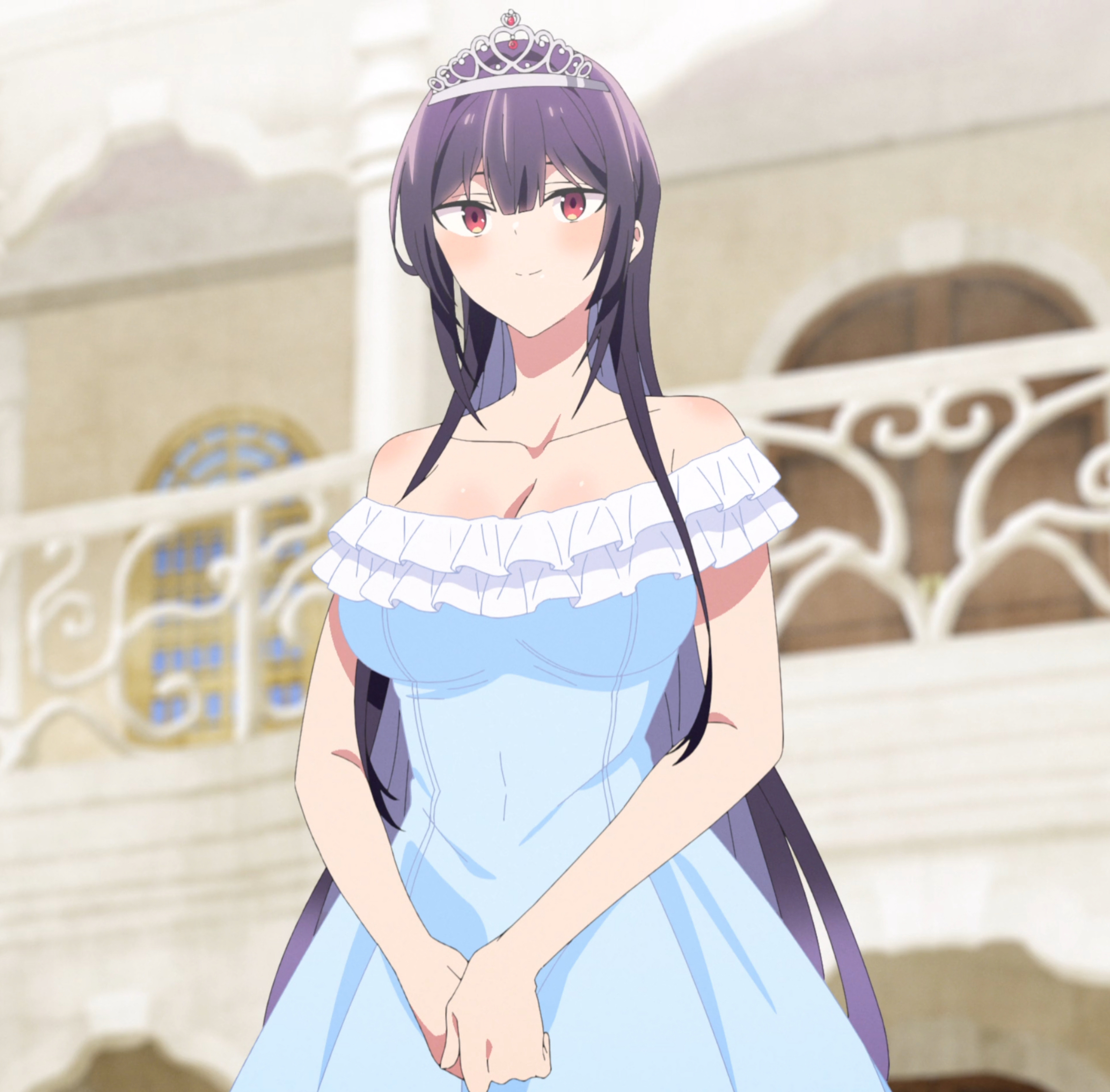 takamine takane, haite kudasai takamine-san, absurdres, anime screenshot, highres, stitched, third-party edit, 1girl, bare shoulders, blue dress, blush, breasts, closed mouth, collarbone, colored inner hair, dress, female focus, large breasts, long hair, multicolored hair, off-shoulder dress, off shoulder, own hands together, purple hair, red eyes, smile, solo, tiara, two-tone hair, upper body, very long hair