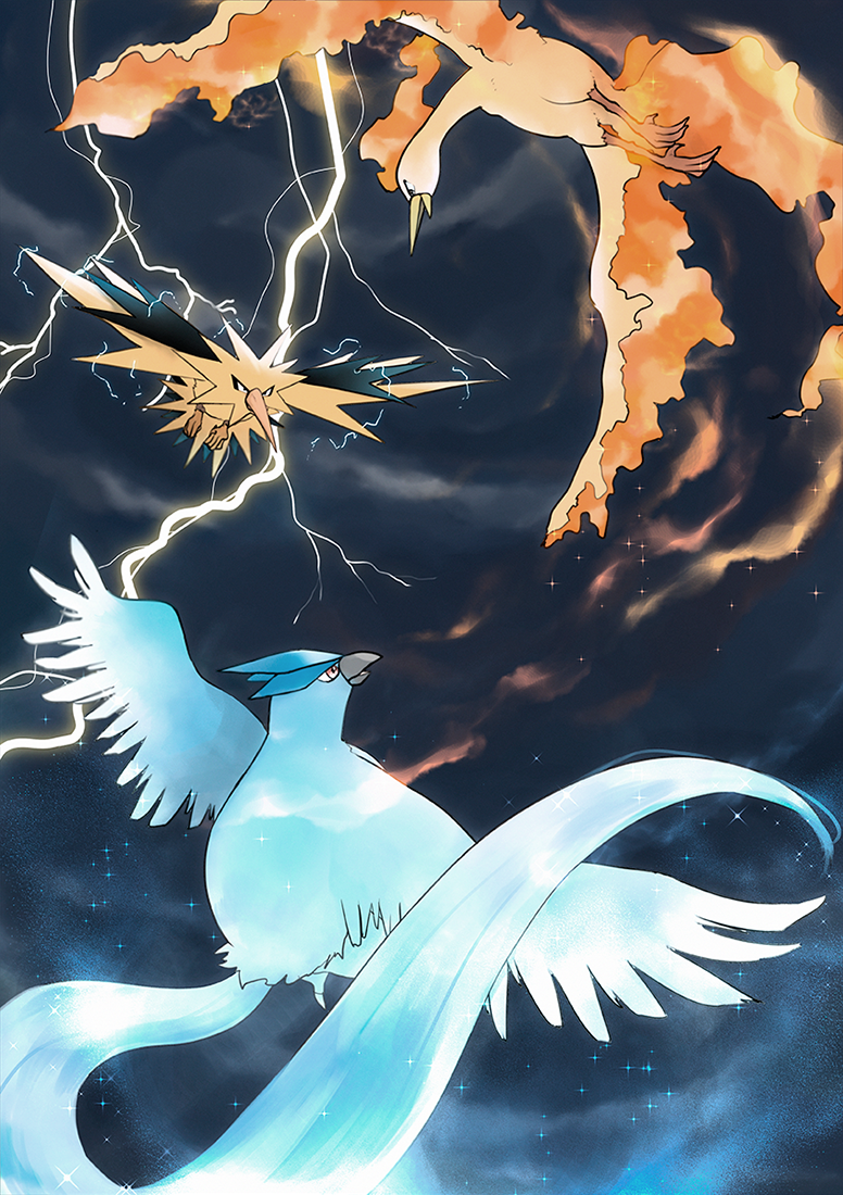 yori (ito haruki), articuno, moltres, zapdos, nintendo, pokemon, bird, electricity, fire, flying, gen 1 pokemon, legendary pokemon, no humans, pokemon (creature), red eyes