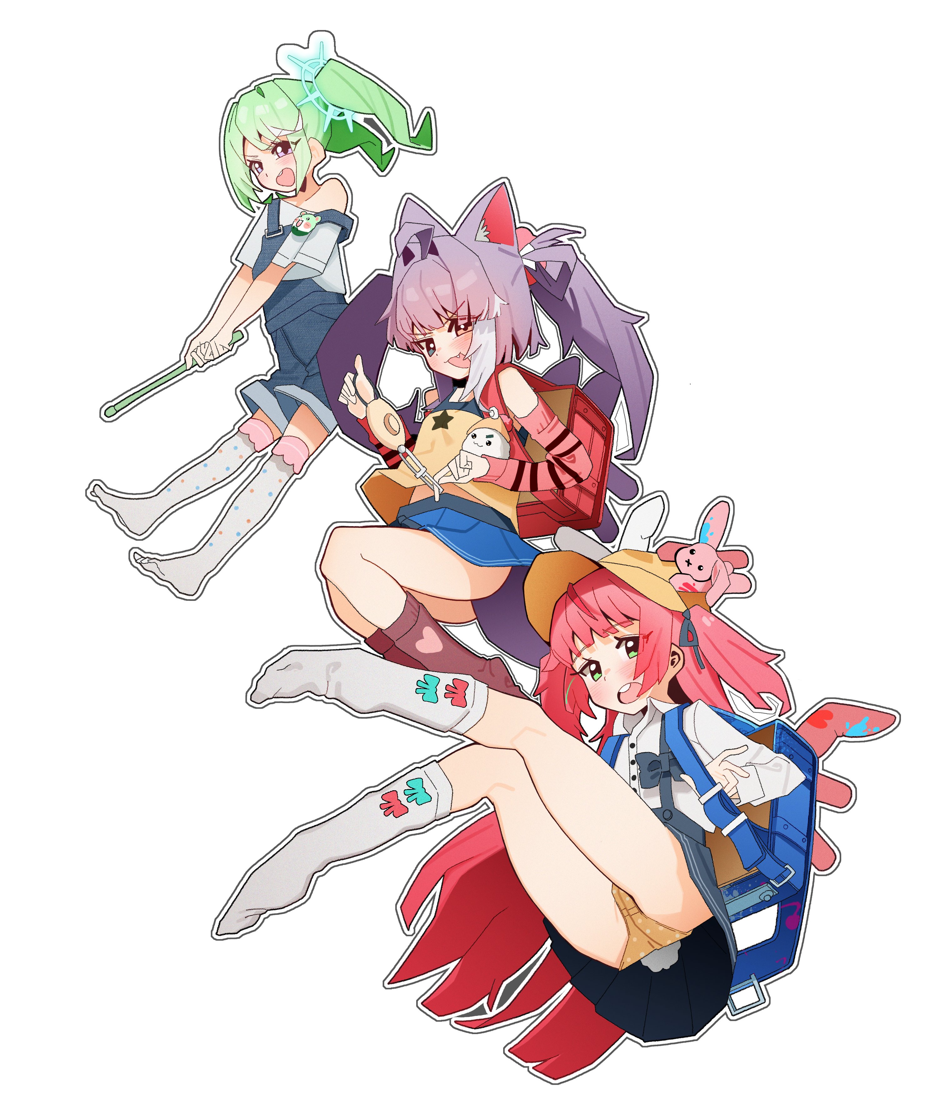 shizuka (realbohengmi), chico (yuzuha riko), hanako nana, peto (hanako nana), tenko shibuki, yuzuha riko, stellive, absurdres, highres, korean commentary, 3girls, ahoge, animal ear fluff, animal ears, backpack, bag, black ribbon, blue skirt, blush, bow legwear, collared shirt, crotch seam, denim overalls, detached sleeves, fang, green eyes, green hair, grey eyes, grey shirt, grey skirt, grey socks, hair intakes, hair ribbon, hat, holding, inari (tenko shibuki), kneehighs, long hair, long sleeves, miniskirt, multiple girls, no shoes, off-shoulder shirt, off shoulder, open mouth, outline, overall shorts, overalls, panties, pink hair, pink sleeves, polka dot, polka dot panties, polka dot socks, print shirt, purple eyes, randoseru, red socks, ribbon, shirt, simple background, skirt, sleeveless, sleeveless shirt, socks, star (symbol), star print, strap slip, suspender skirt, suspenders, twintails, underwear, v-shaped eyebrows, very long hair, virtual youtuber, white background, white outline, yellow hat, yellow panties, yellow shirt