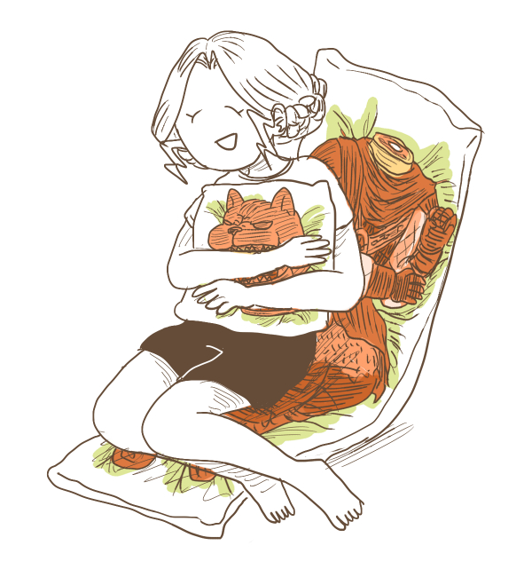 bearer of the curse, dark souls (series), dark souls ii, 1girl, barefoot, braid, closed eyes, dakimakura (object), empthylee, full body, half up braid, head of vengral, hugging object, open mouth, pillow, pillow hug, shirt, shorts, simple background, smile, solo, white background
