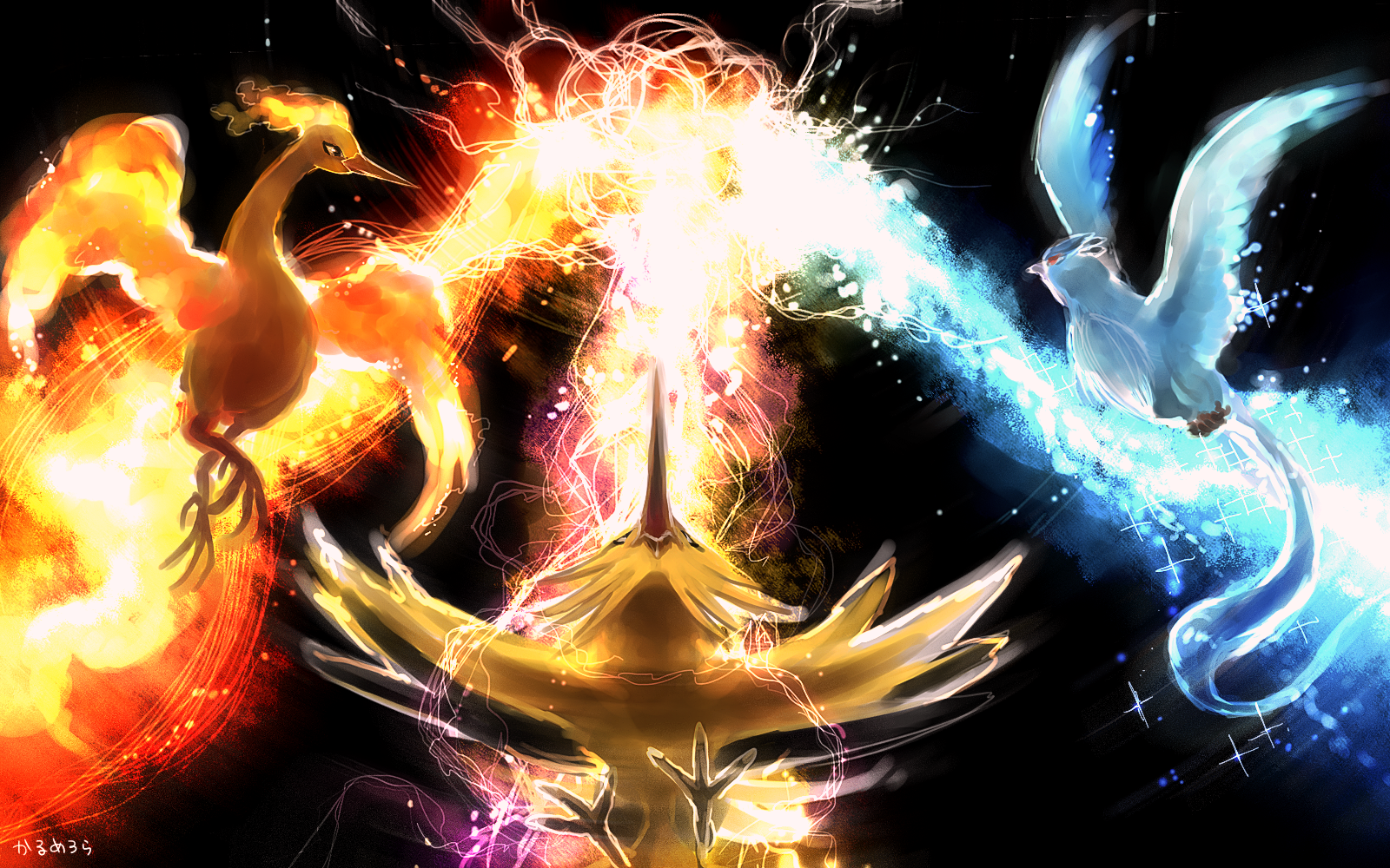 articuno, moltres, zapdos, nintendo, pokemon, highres, bird, black background, electricity, fire, gen 1 pokemon, ice, karumerora, legendary pokemon, pokemon (creature)