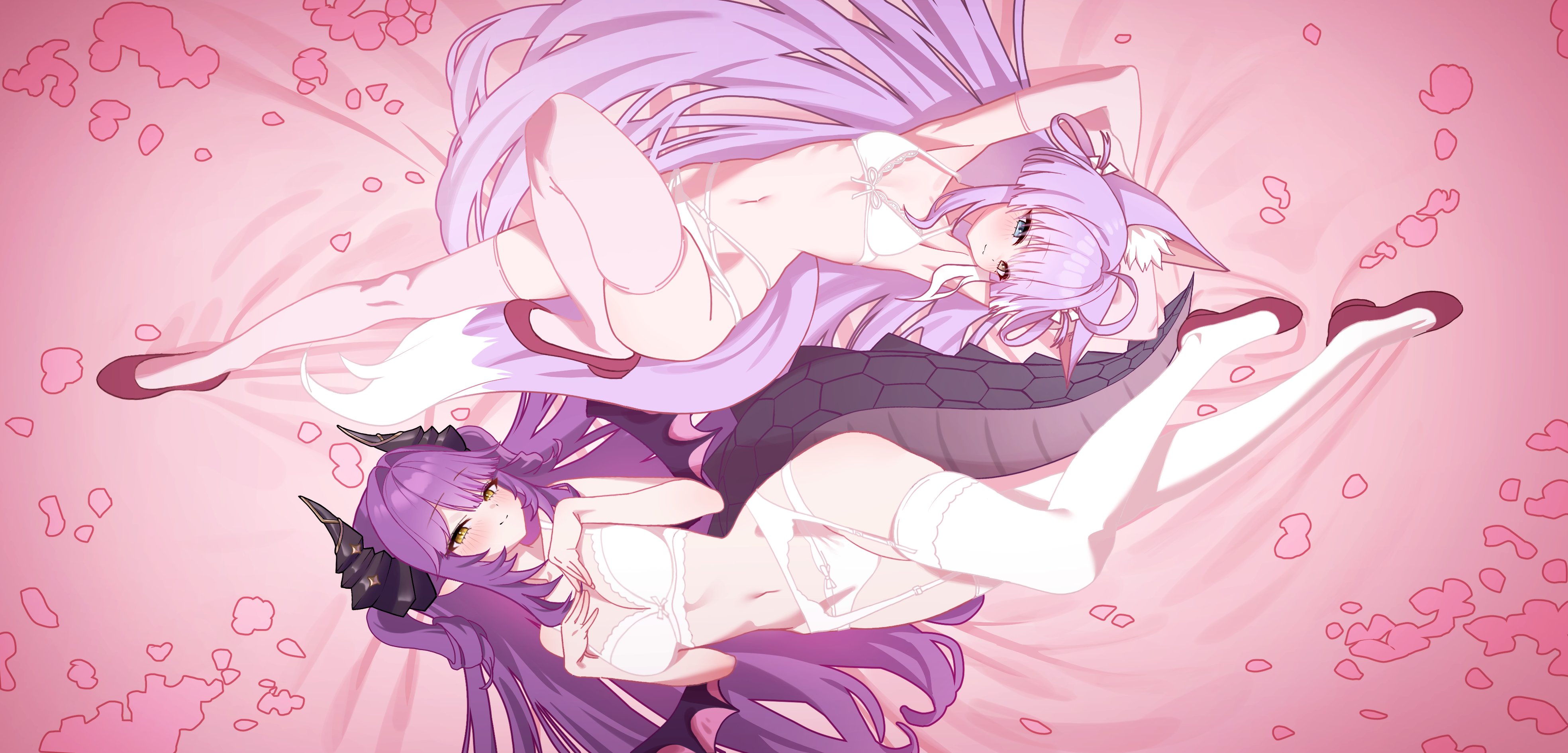sakihane huya, tenko shibuki, stellive, absurdres, highres, 2girls, animal ears, armpits, black horns, breasts, choigoli, dragon girl, dragon horns, dragon tail, flat chest, fox ears, fox girl, heterochromia, horns, large breasts, lingerie, lying, multiple girls, navel, on back, pointy ears, purple hair, tail, thighhighs, underwear, virtual youtuber