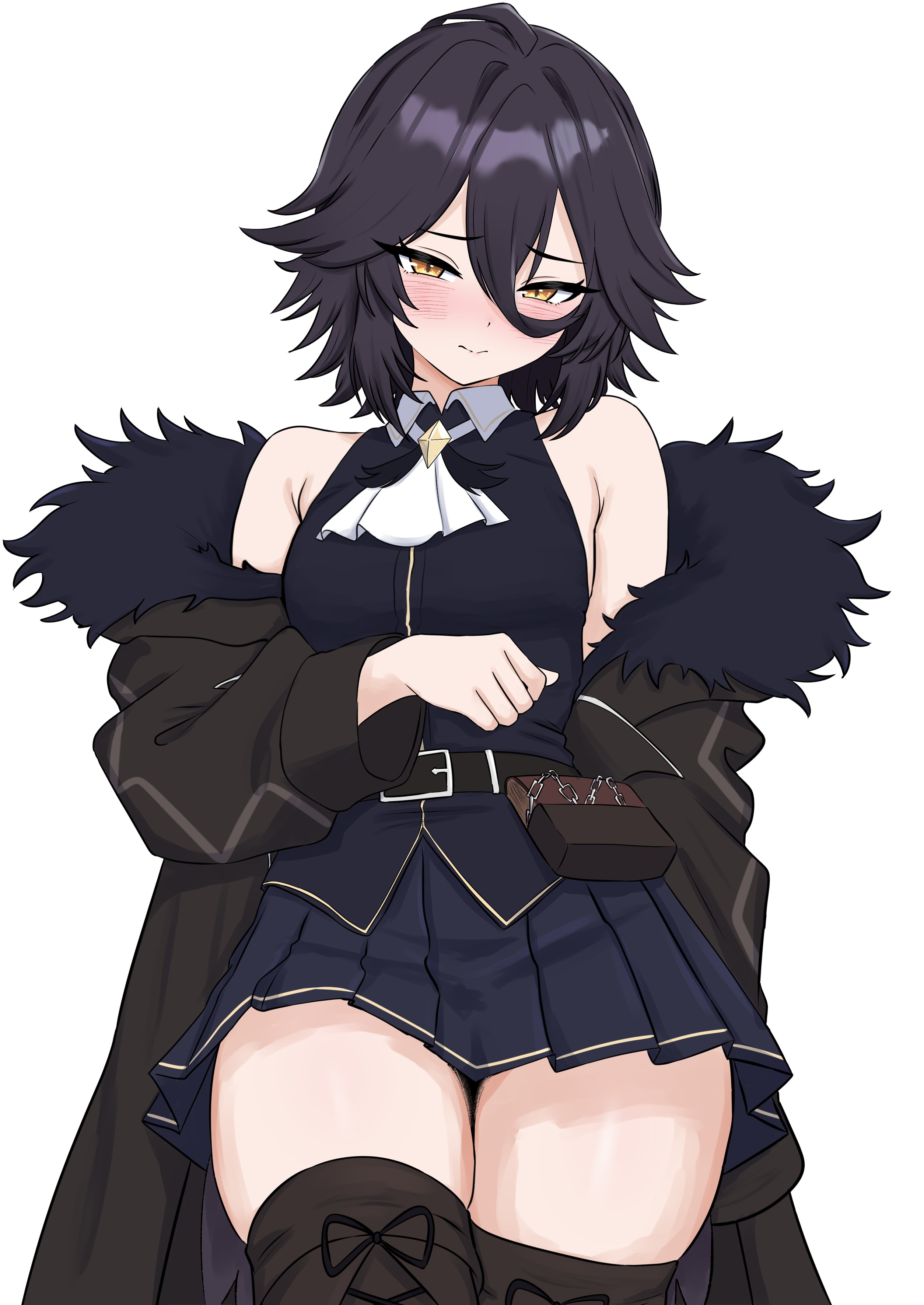 oldsickkim, original, absurdres, commentary, commission, english commentary, highres, pixiv commission, 1girl, ahoge, armpit crease, bare shoulders, belt, belt pouch, black hair, blush, borrowed character, breasts, coat, cowboy shot, fur-trimmed coat, fur trim, hair between eyes, looking at viewer, medium hair, off-shoulder coat, off shoulder, pleated skirt, pouch, pursed lips, simple background, skirt, small breasts, solo, thighhighs, thighs, white background, yellow eyes