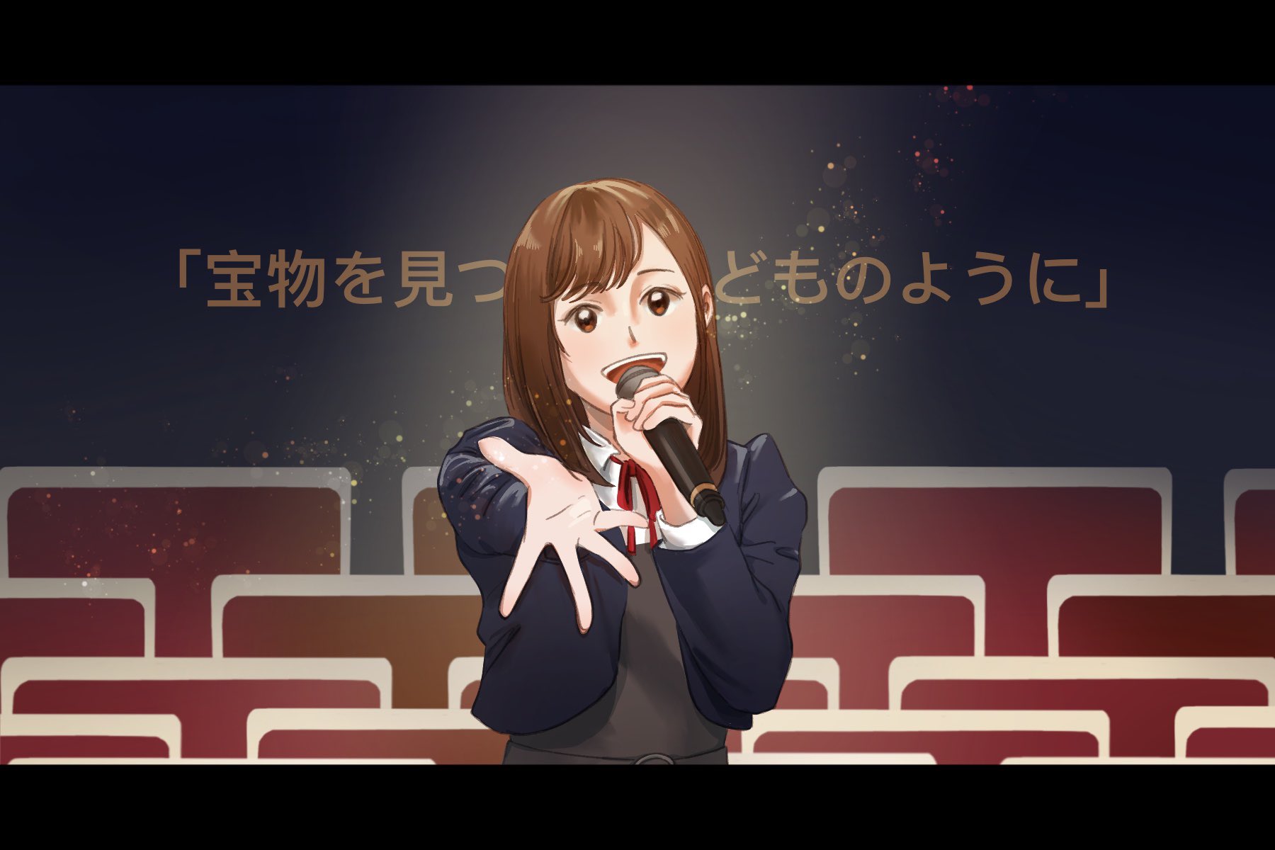 date sayuri, love live!, love live! superstar!!, real life, commentary request, highres, translation request, 1girl, animification, brown hair, hands up, hayaca (hayaka ori), holding, holding microphone, jacket, letterboxed, looking at viewer, microphone, neck ribbon, open clothes, open jacket, open mouth, outstretched arm, outstretched hand, red ribbon, ribbon, school uniform, solo, teeth, upper body, upper teeth only, voice actor, yuigaoka school uniform