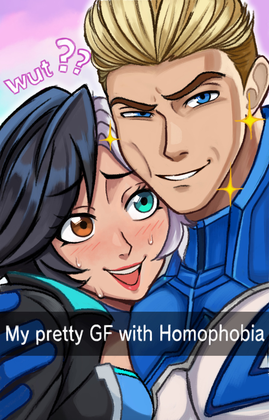 neggoartz, johnny storm, luna snow, fantastic four, marvel, marvel rivals, commentary, english commentary, highres, 1boy, 1girl, :d, aqua eyes, black hair, blonde hair, blue eyes, brown eyes, chin rest, couple, english text, grin, head on head, head rest, hetero, heterochromia, looking at another, looking at viewer, multicolored hair, open mouth, short hair, smile, sparkle, sweatdrop, two-tone hair, upper body, white hair