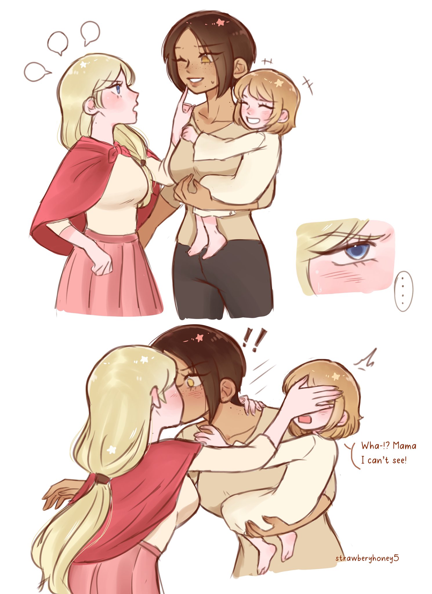 krista lenz, ymir (shingeki no kyojin), shingeki no kyojin, highres, !, !!, 3girls, artist name, bery2609, blonde hair, blue eyes, brown eyes, brown hair, carrying, carrying person, closed eyes, collarbone, covering another's eyes, cropped legs, dark-skinned female, dark skin, english text, finger to another's face, freckles, if they mated, kiss, long hair, mother and daughter, multiple girls, one eye closed, pants, ponytail, science babies, shirt, short hair, skirt, smile, surprise kiss, surprised, yuri